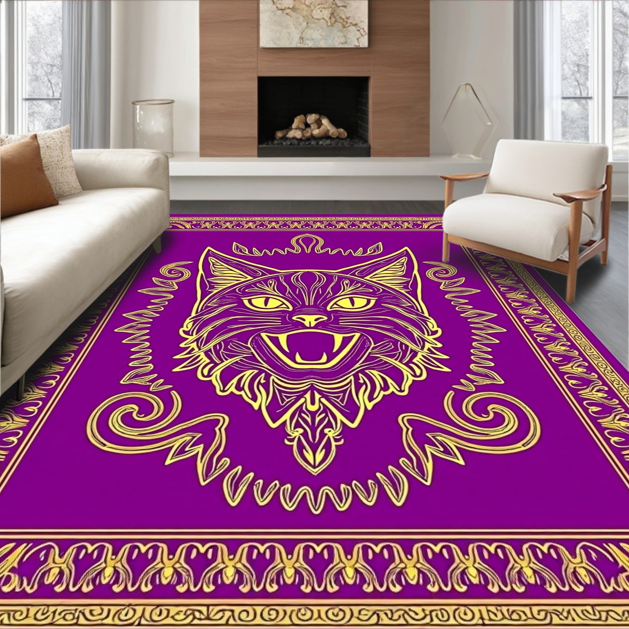 Majestic Purple Yellow Cat Statement Rug