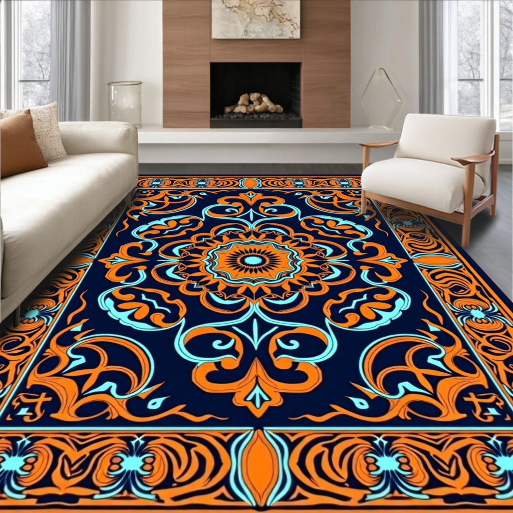 Vivid Orange Teal Medallion Border Rug