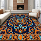 Vivid Orange Teal Medallion Border Rug