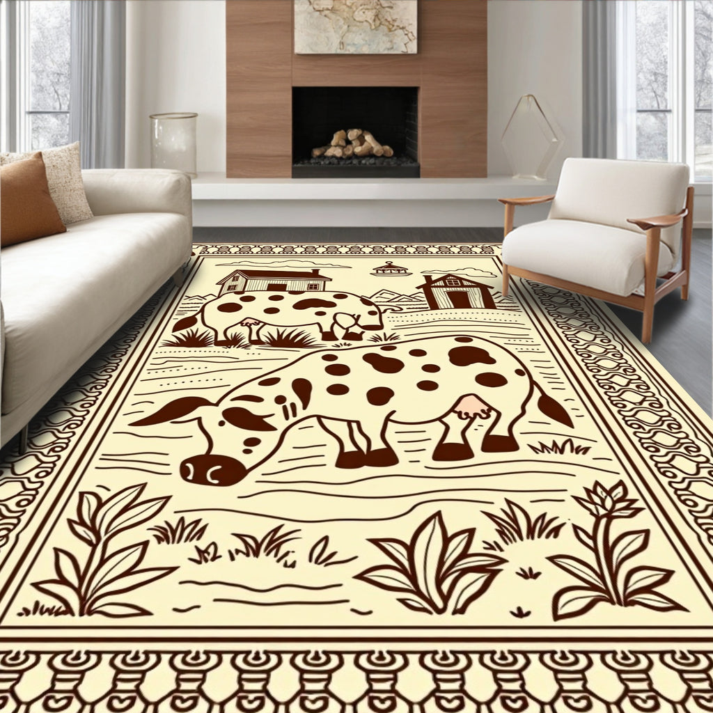 Brown Cow Farmhouse Landscape Scenic Rug