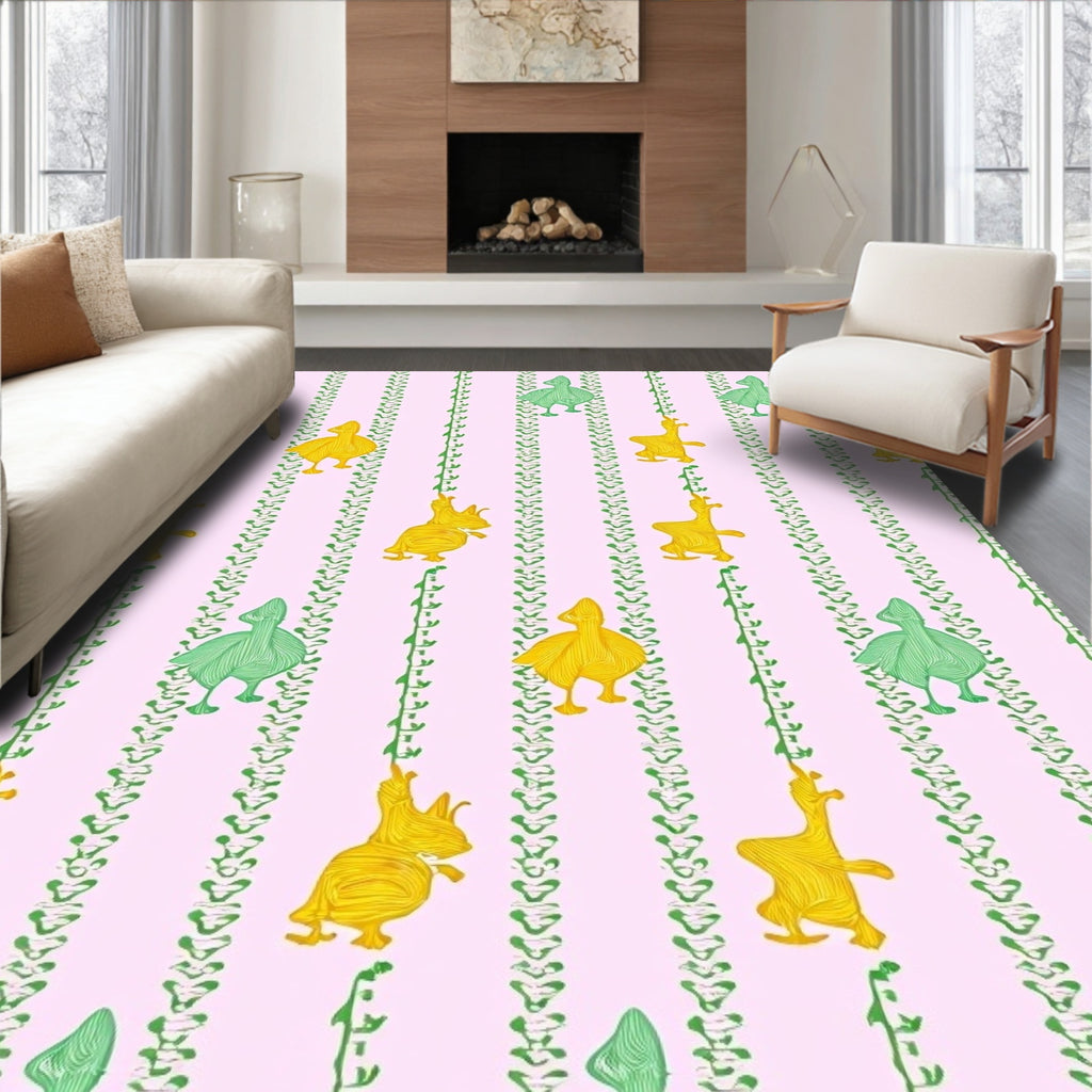 Whimsical Yellow Green Duckling Stripes Rug
