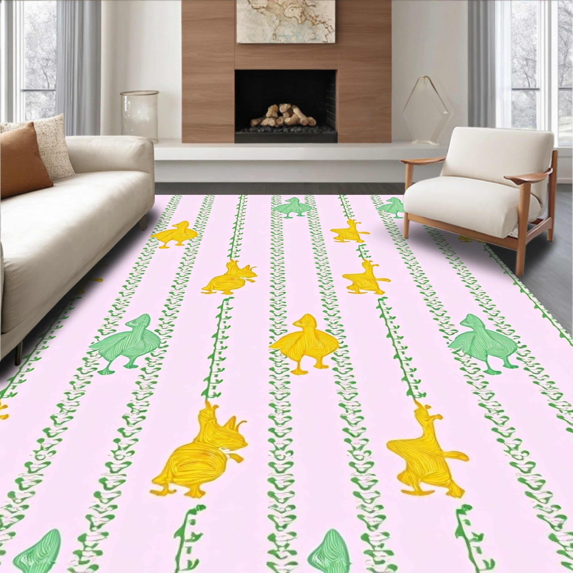 Whimsical Yellow Green Duckling Stripes Rug