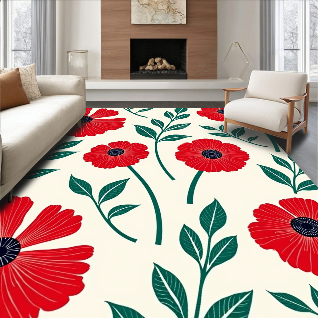 Crimson Poppy Blossom Botanical Rug