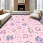 Whimsical Pink Houses Swirls Starbursts Rug