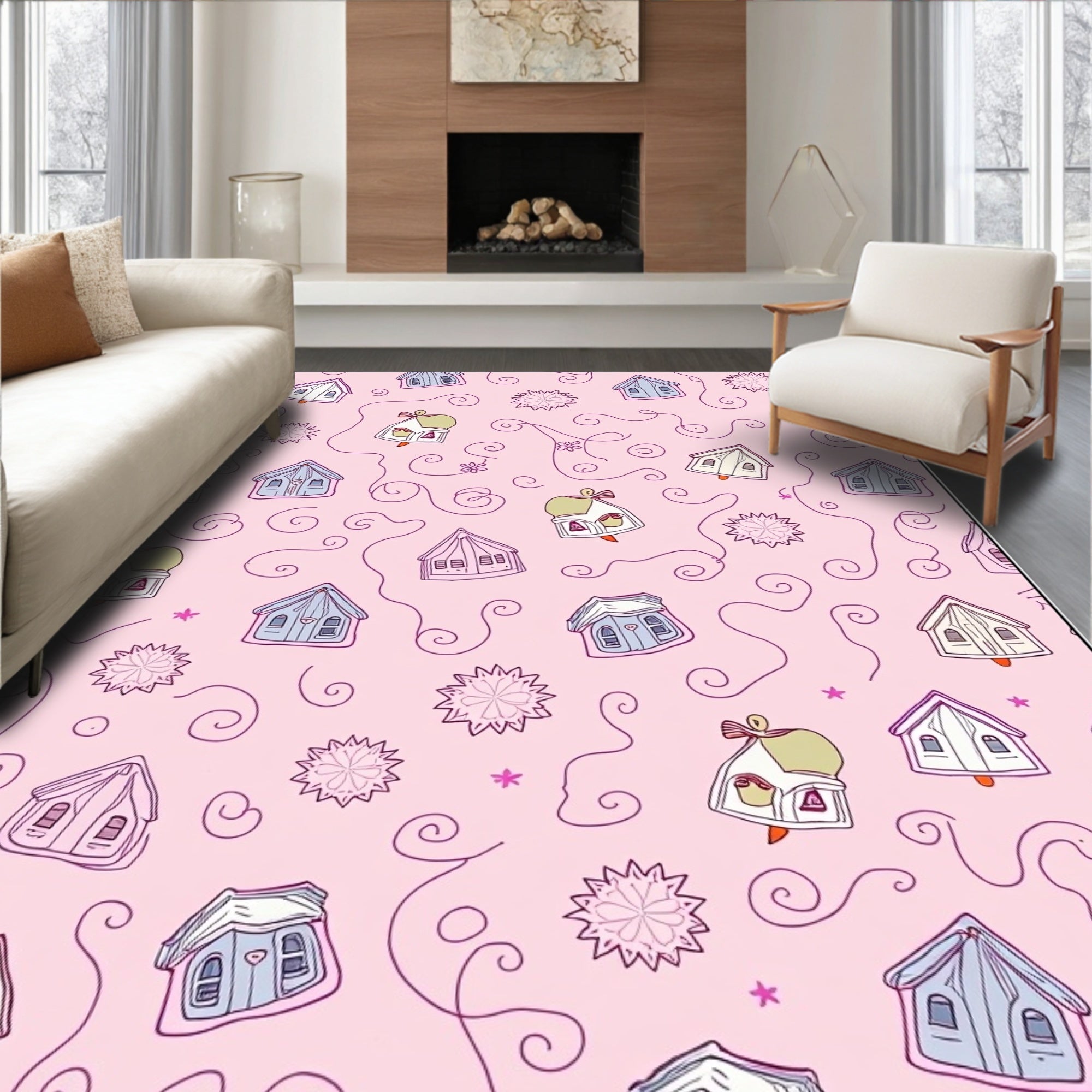 Whimsical Pink Houses Swirls Starbursts Rug