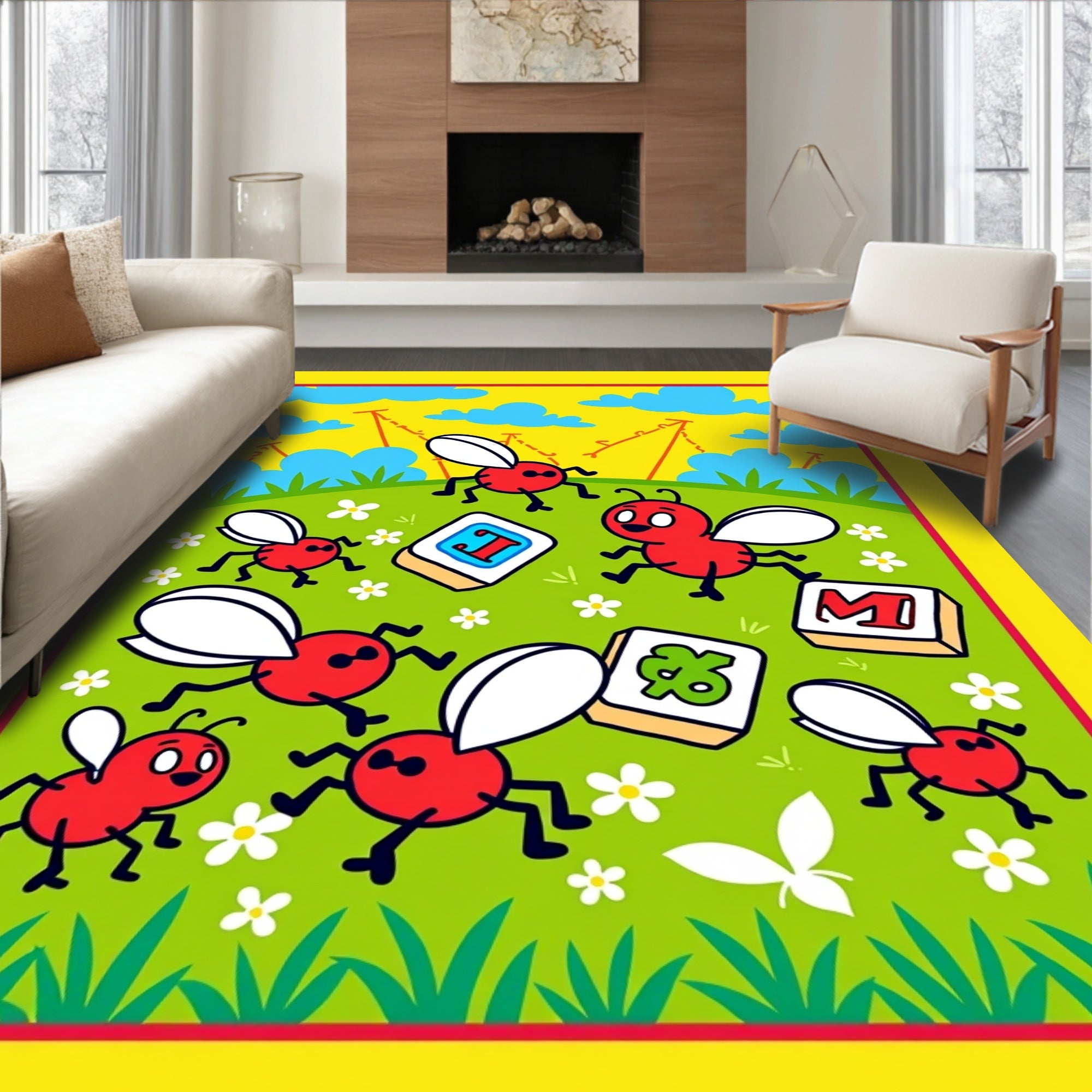 Whimsical Red Bugs Playful Green Field Rug