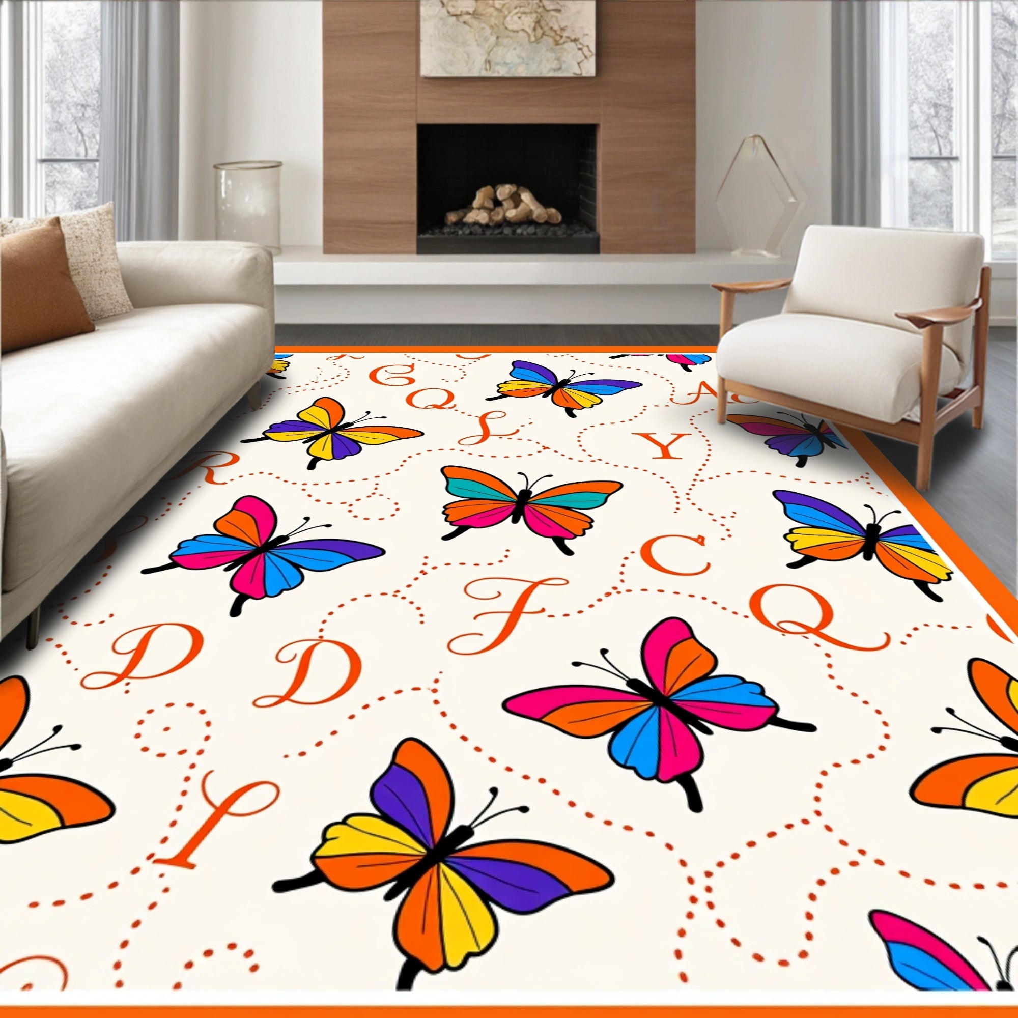 Colorful Butterflies Alphabet Cream Rug