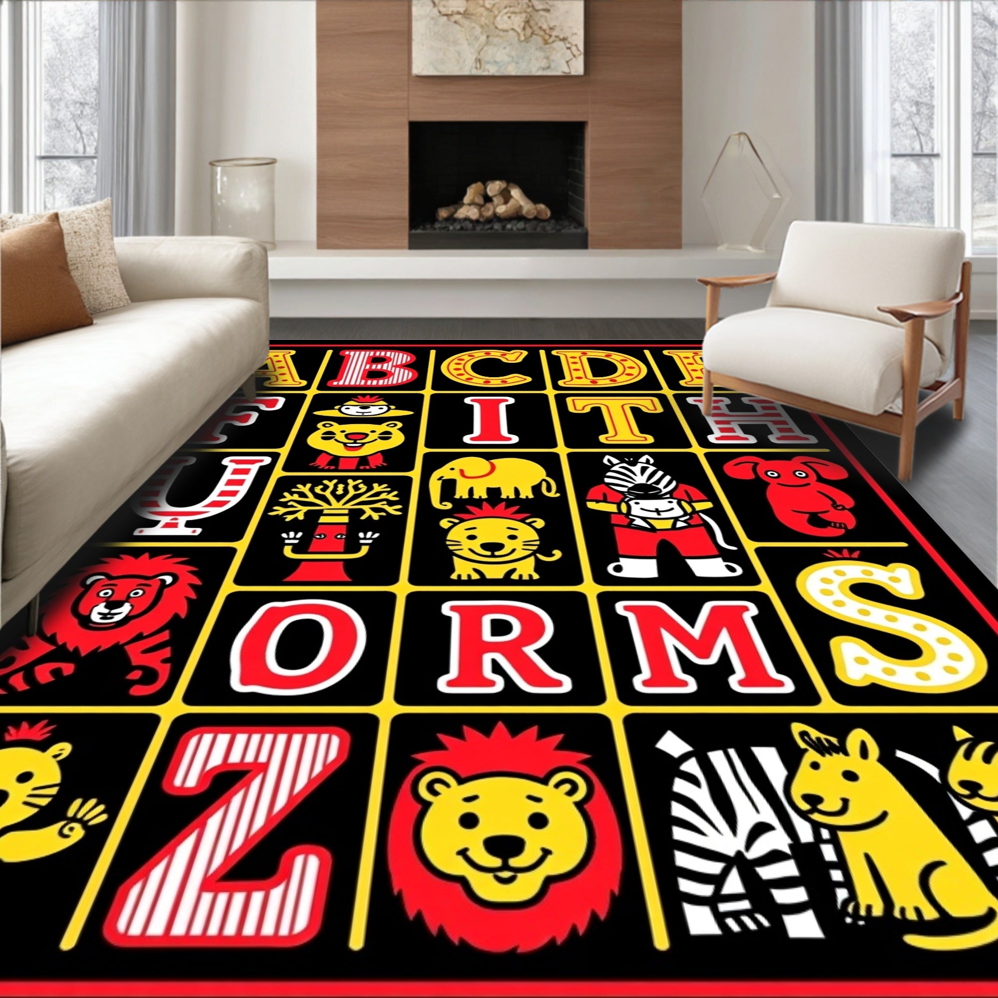 Circus Alphabet Animals Red Yellow Rug