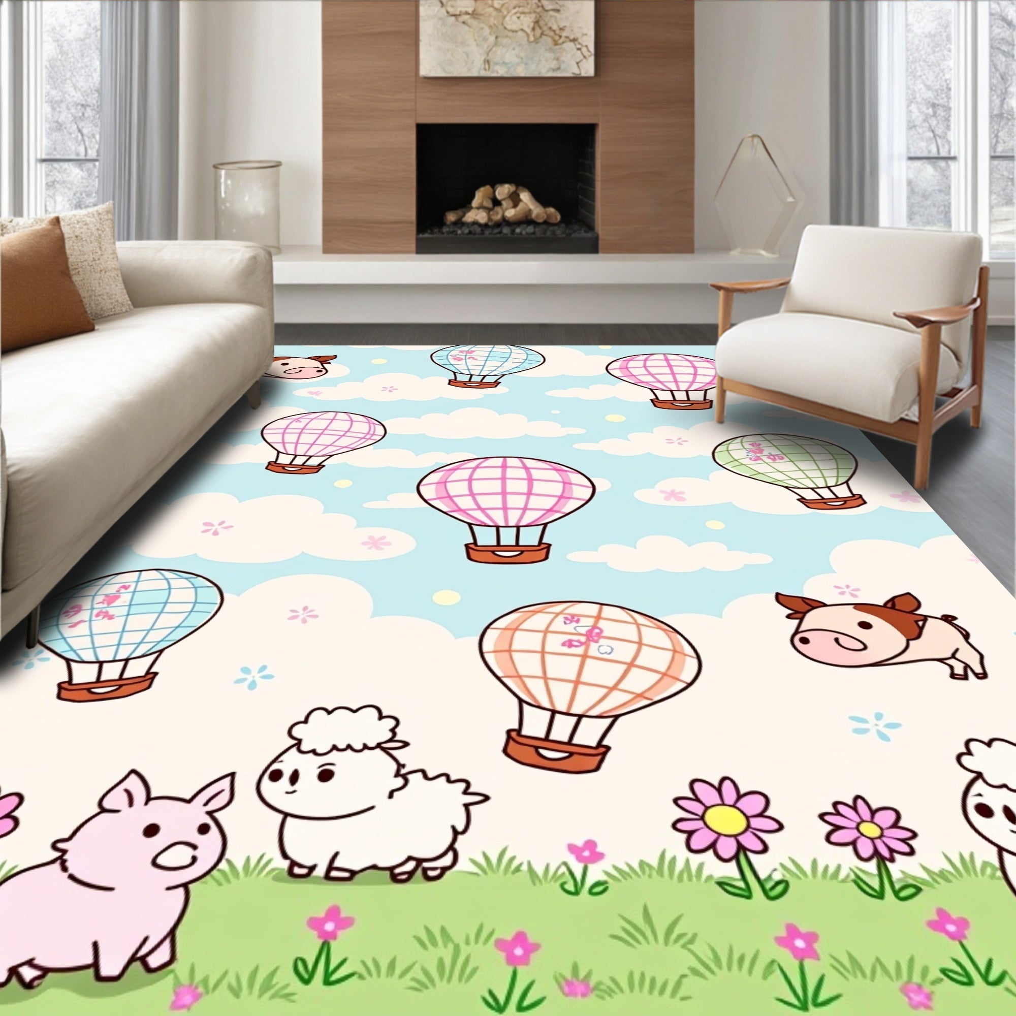 Whimsical Animals Hot Air Balloon Sky Rug