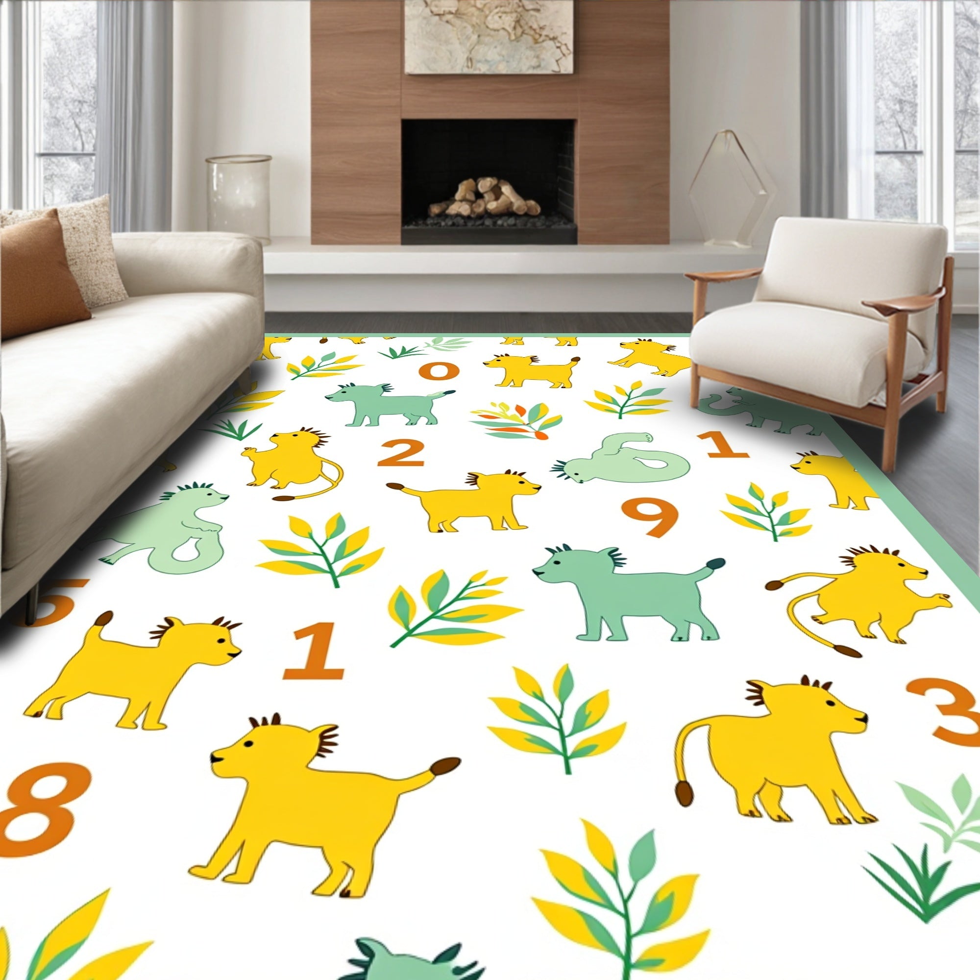 Yellow Green Lion Leaves Numbers Rug