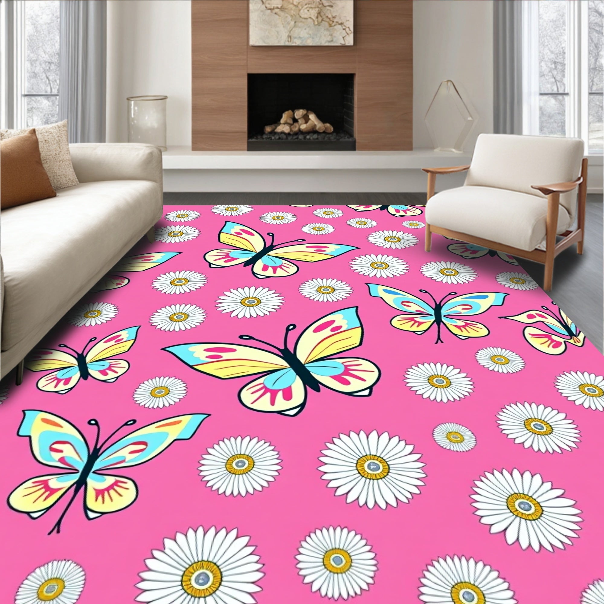 Pink Butterfly Daisy Delight Rug
