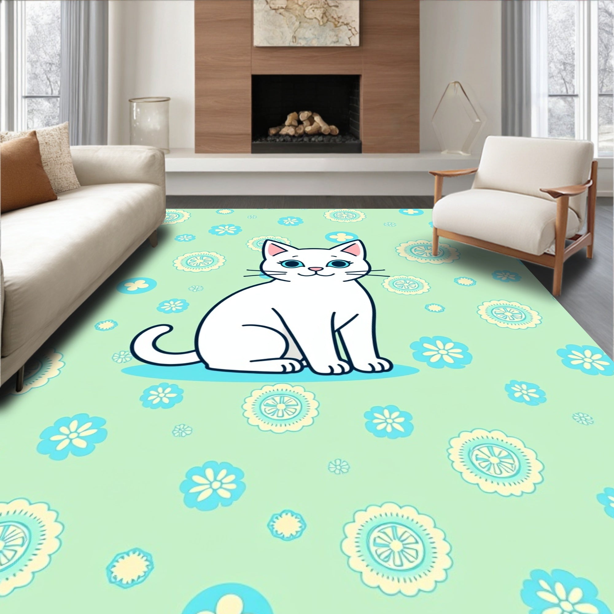 Whimsical White Cat Floral Garden Rug