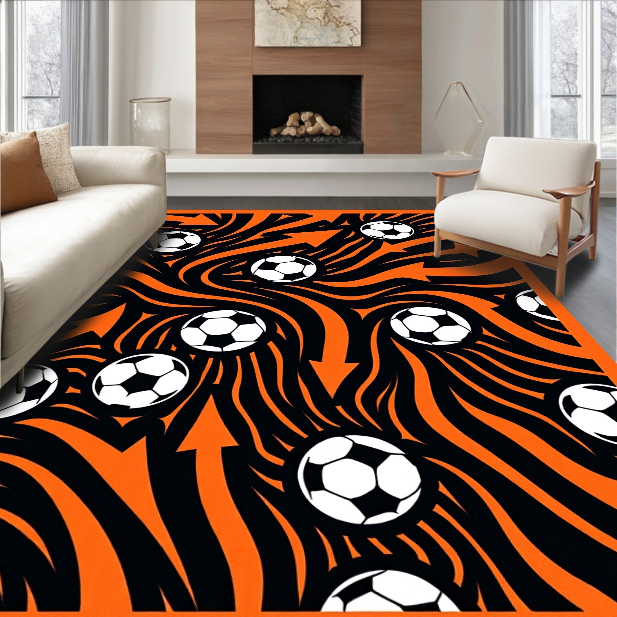 Dynamic Orange Soccer Ball Swirl Rug