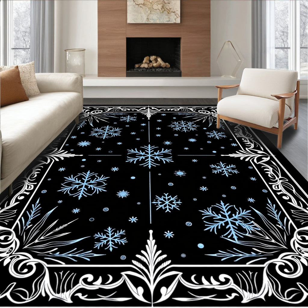 Winter Snowflake Border Black Rug