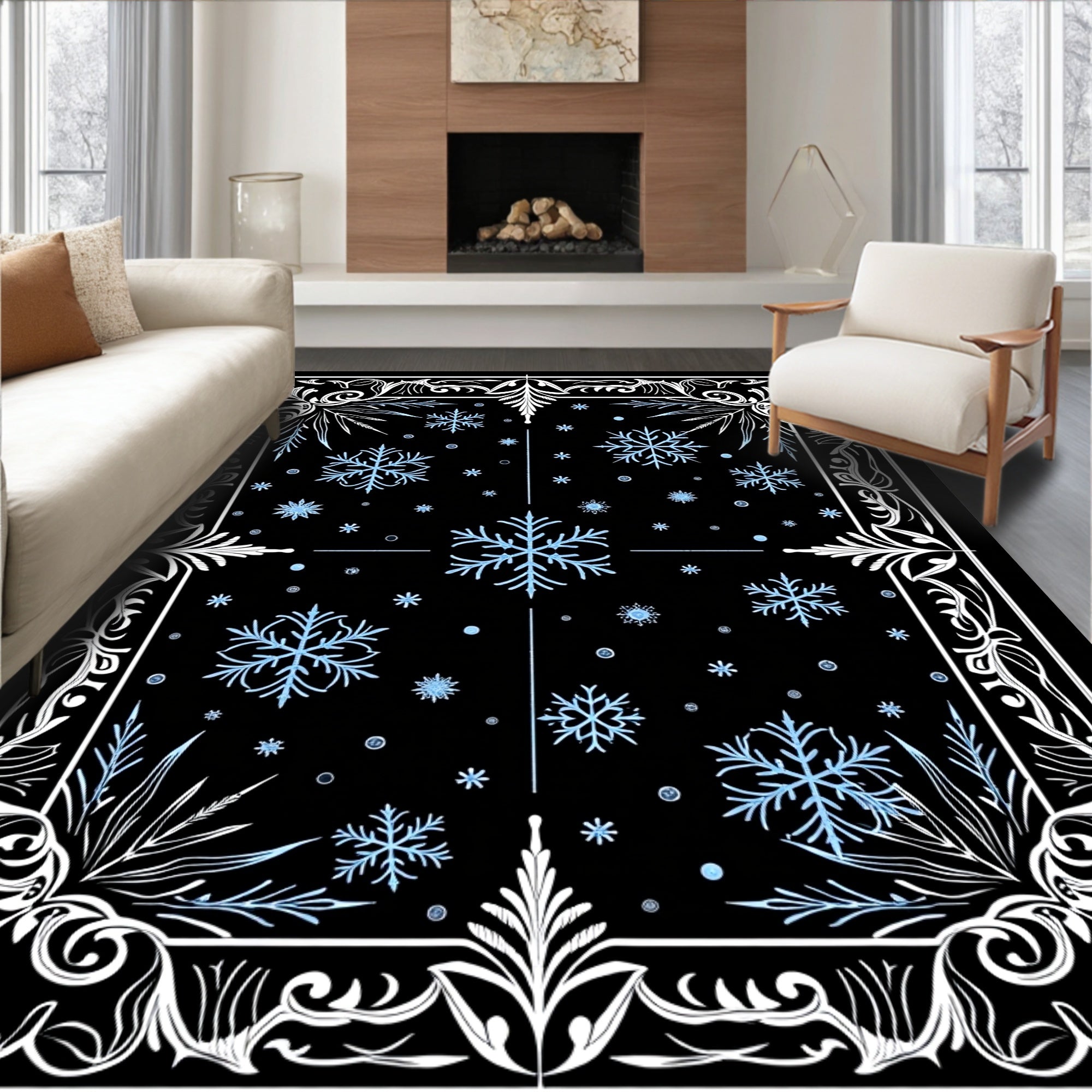 Winter Snowflake Border Black Rug