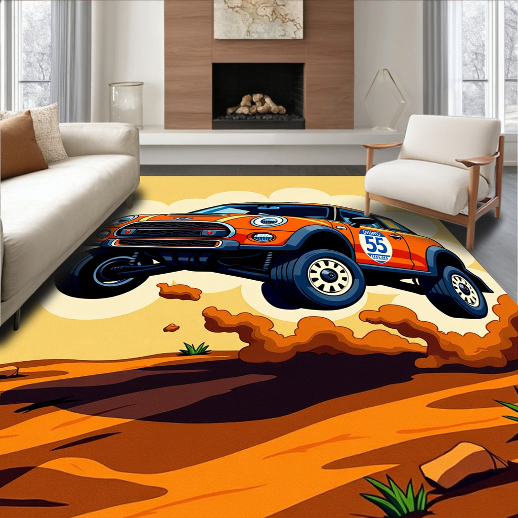 Orange Rally Car Mid-Air Jump Rug