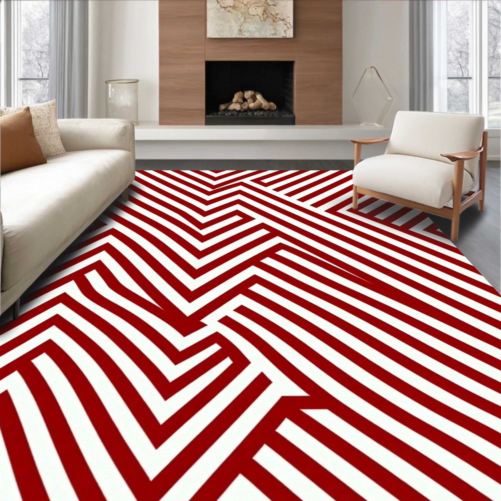 Crimson Chevron Intersecting Lines Rug