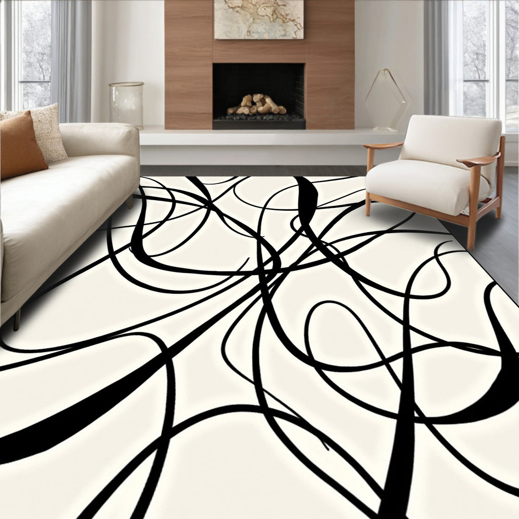 Dramatic Black Calligraphy Swirl Rug