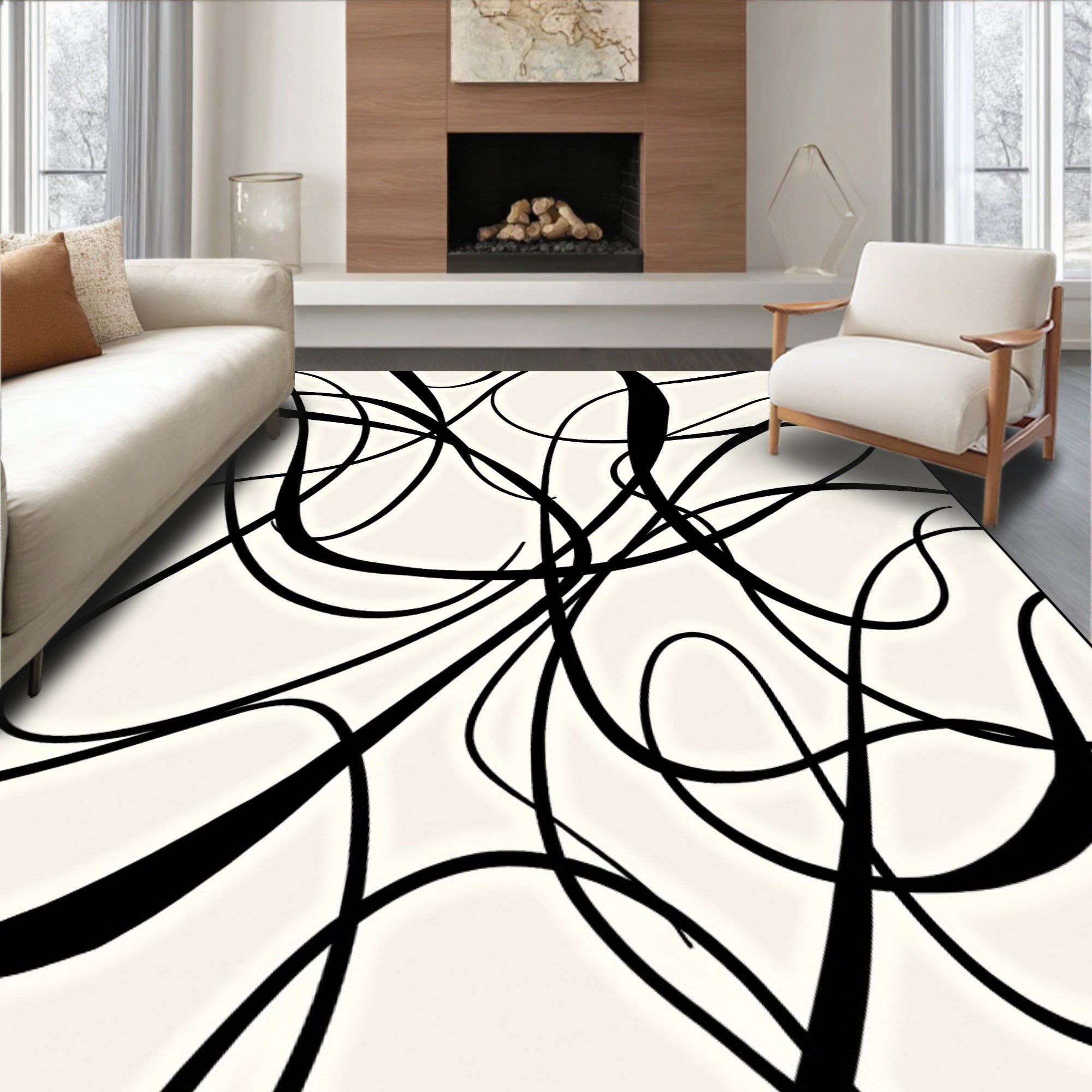 Dramatic Black Calligraphy Swirl Rug