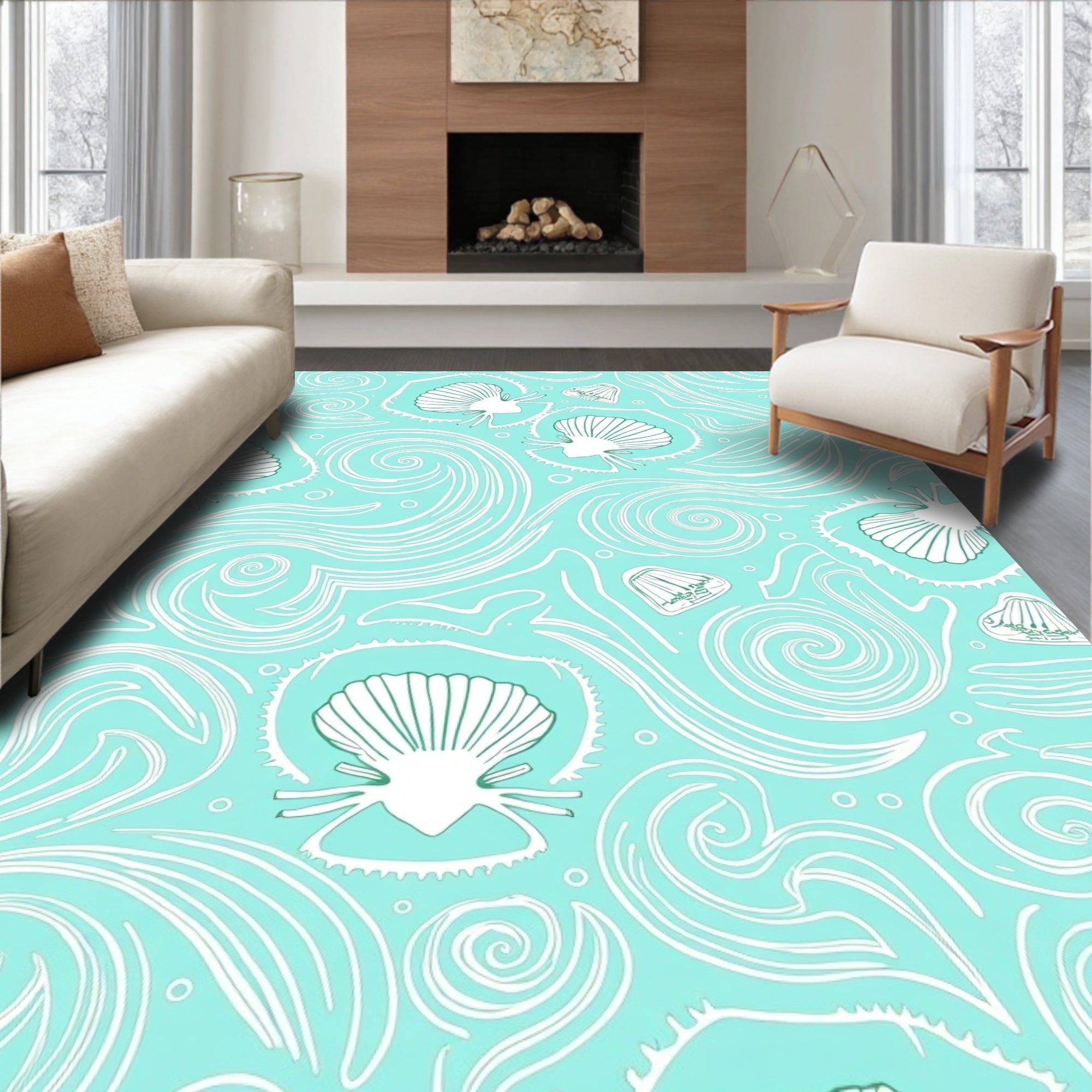 Aqua White Seashell Swirls Rug