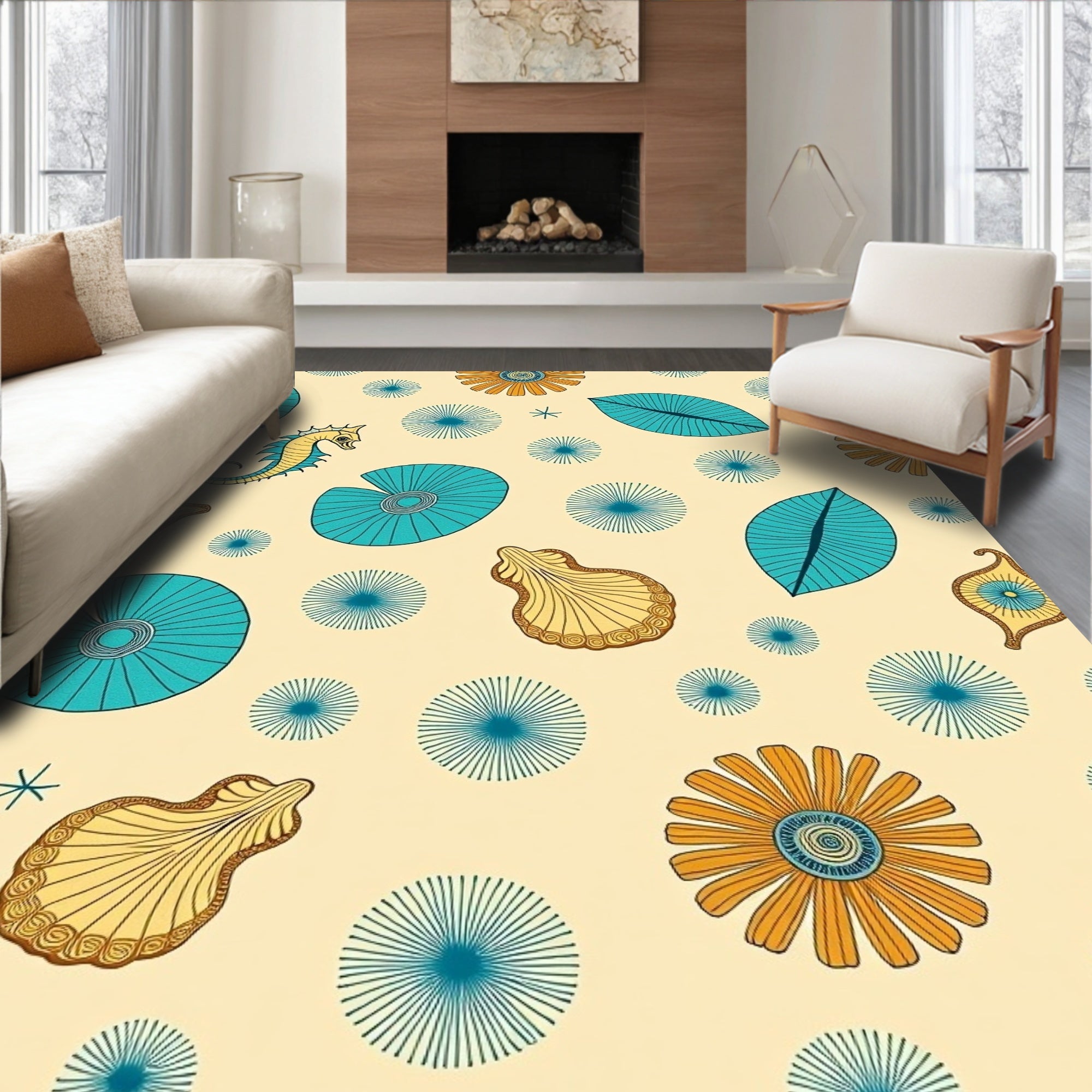 Aqua Orange Seahorse Floral Medallion Rug