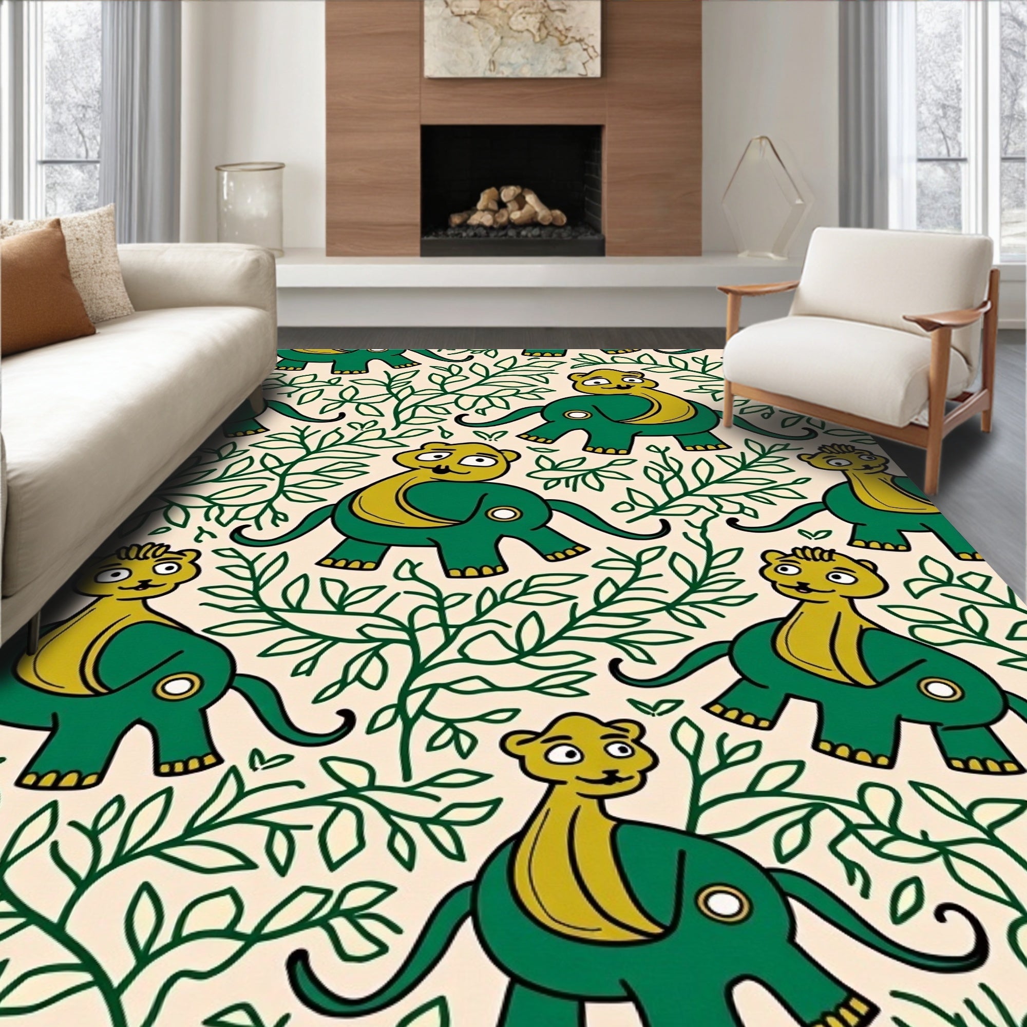 Playful Green Dinosaur Foliage Scene Rug