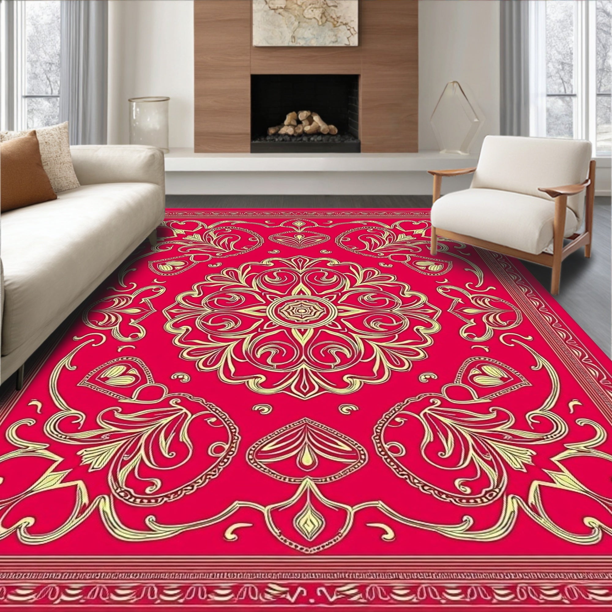 Crimson Gold Medallion Floral Border Rug