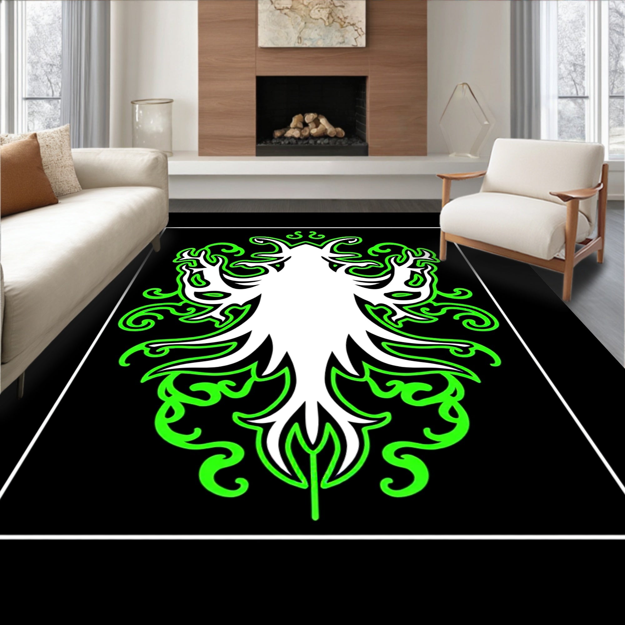 Neon Green Tribal Bloom Abstract Rug