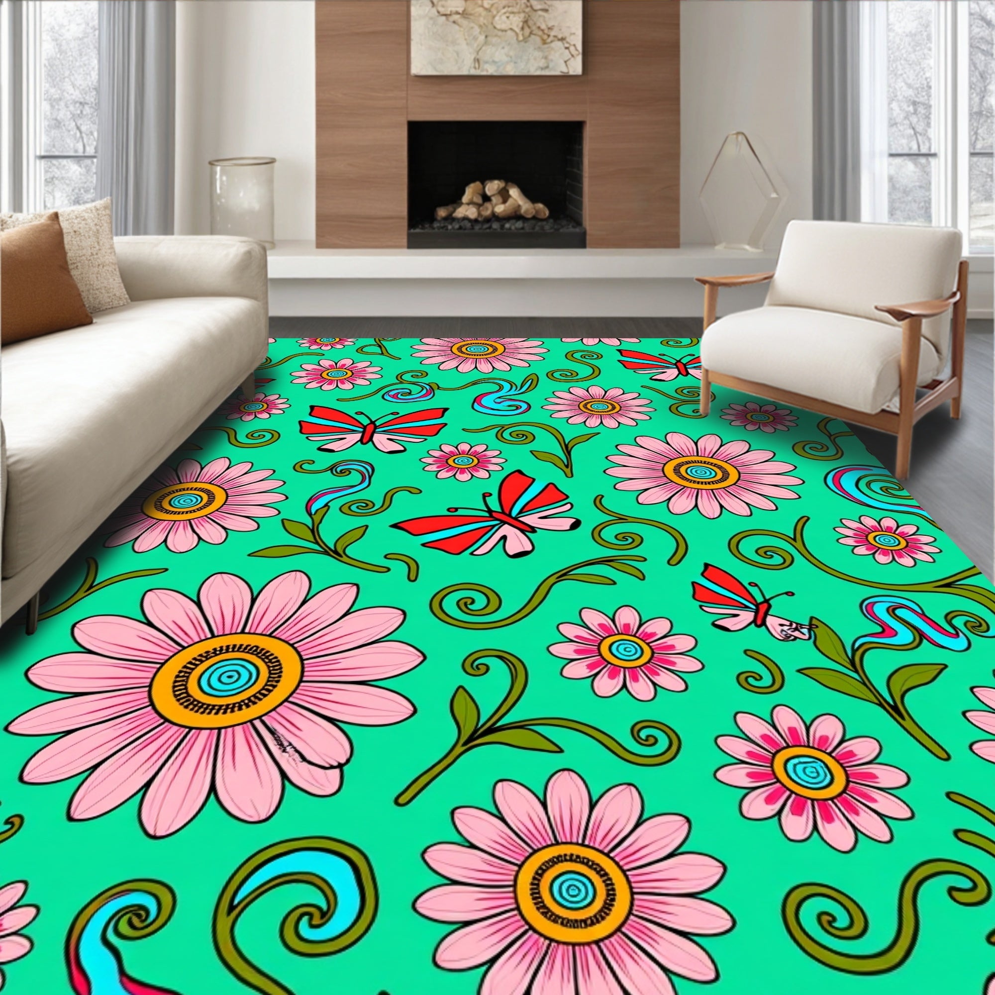 Pink Daisy Butterflies Teal Background Rug