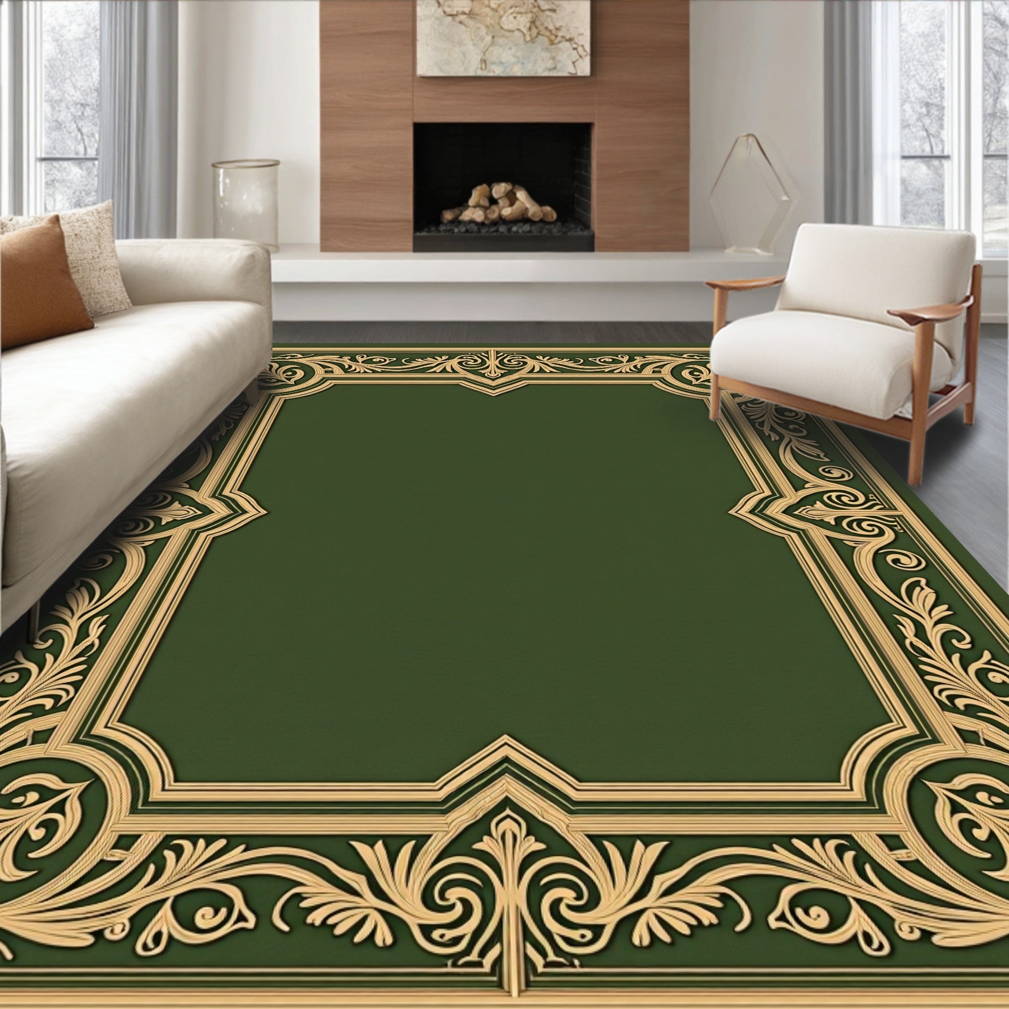 Ornate Gold Green Scrollwork Frame Rug