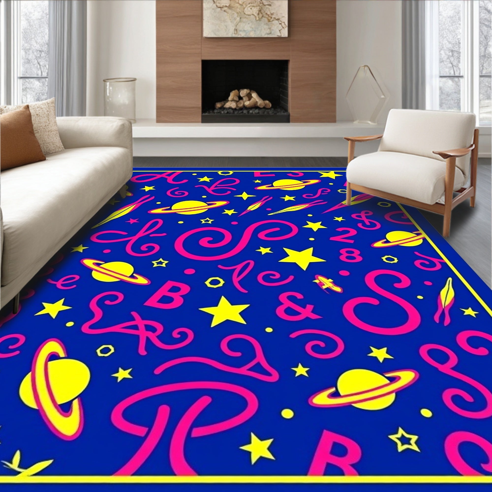 Cosmic Blue Pink Yellow Space Adventure Rug