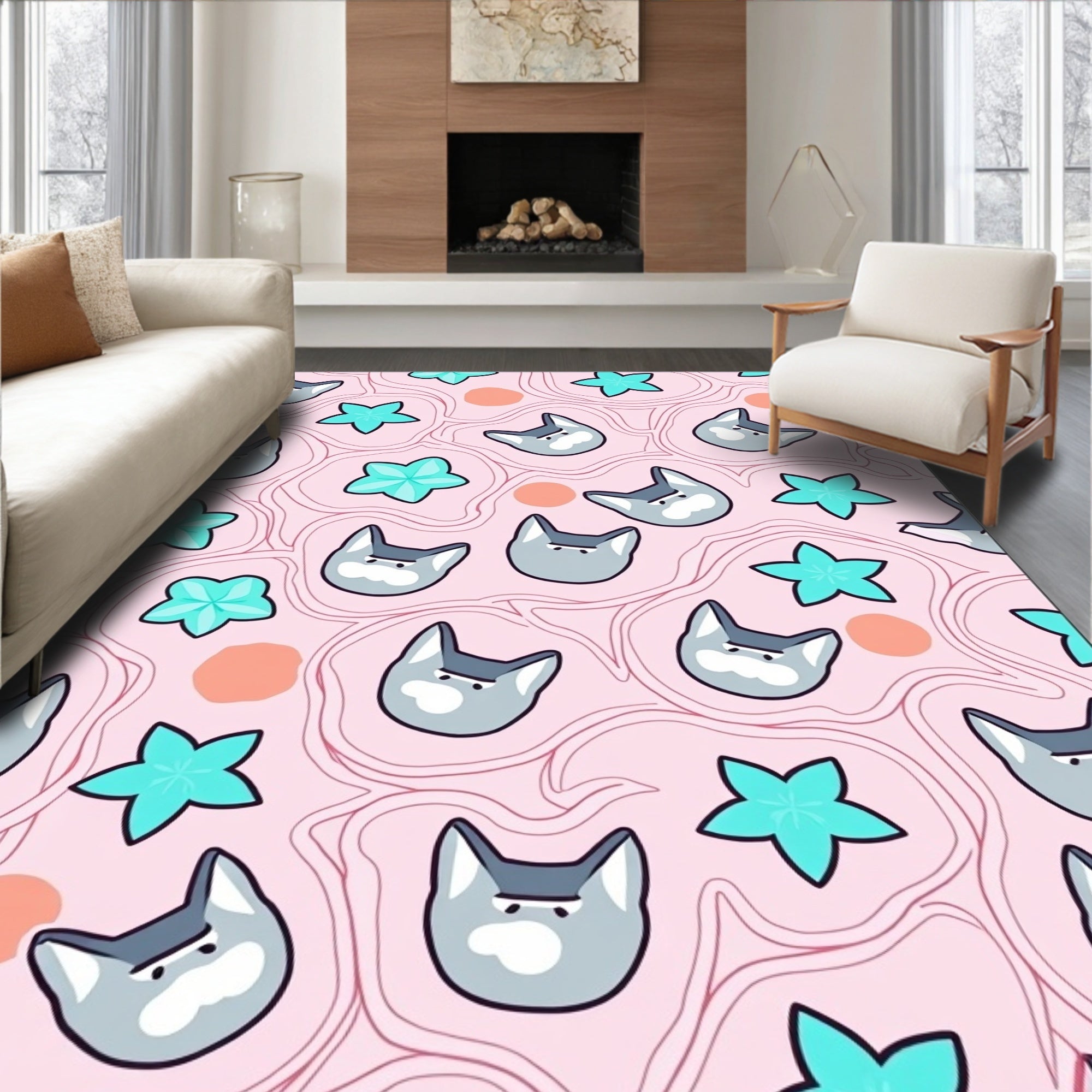 Pink Cat Star Abstract Swirl Rug