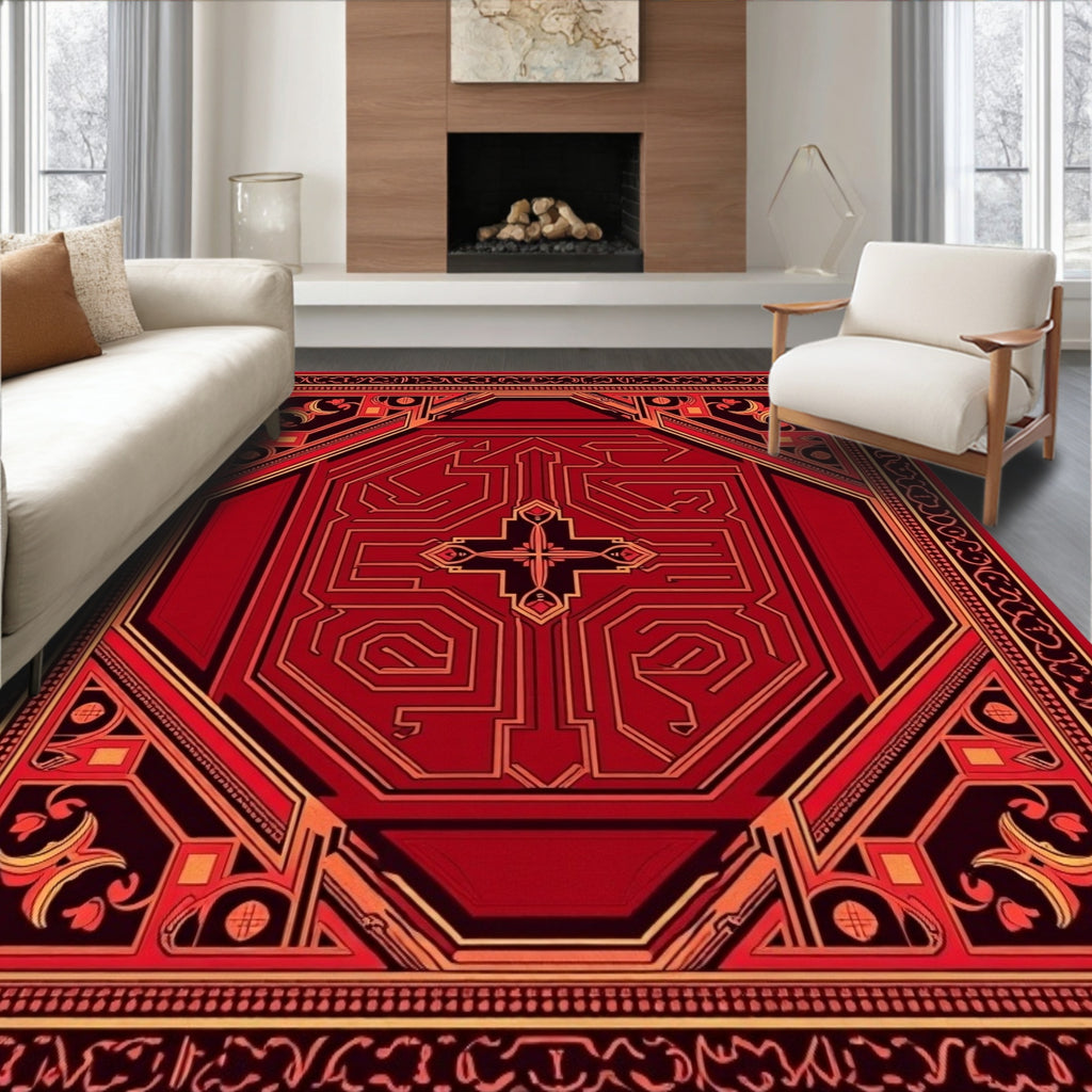Red Orange Geometric Circuit Line Medallion Rug