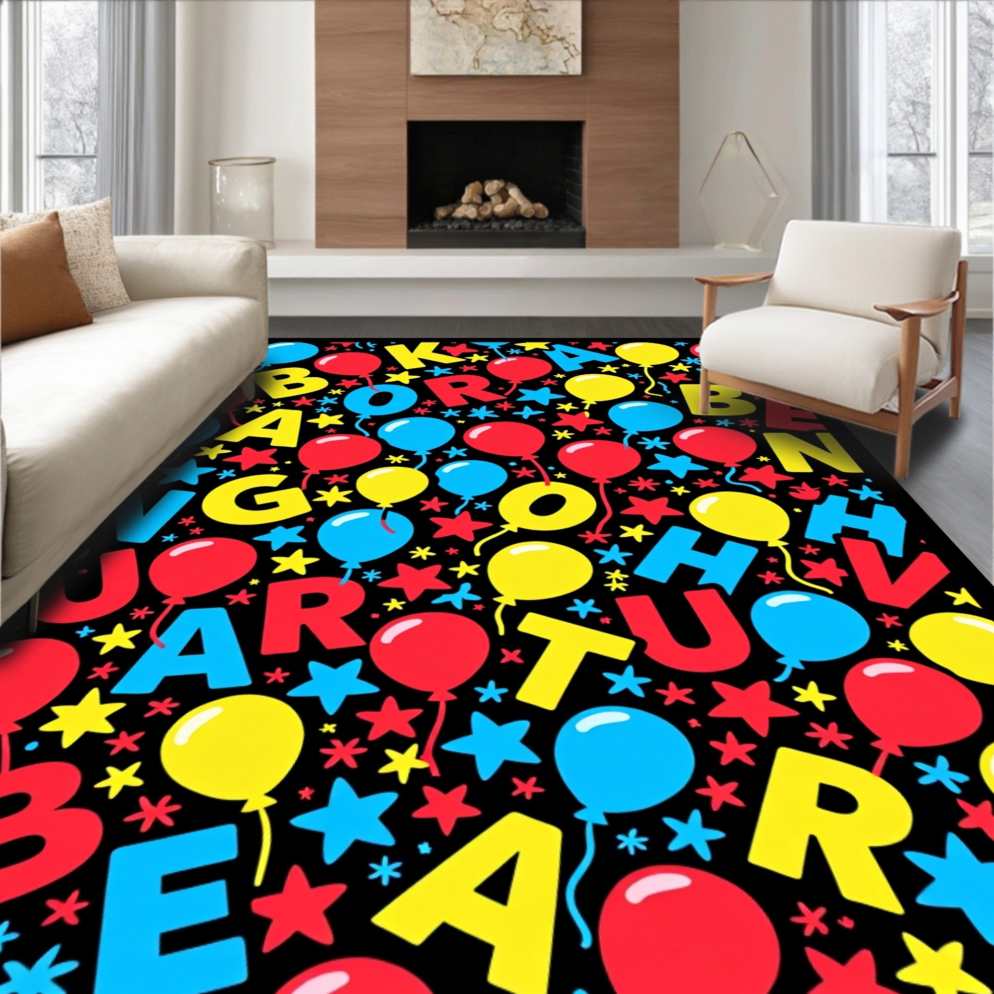 Balloons Stars Letters Red Yellow Blue Rug