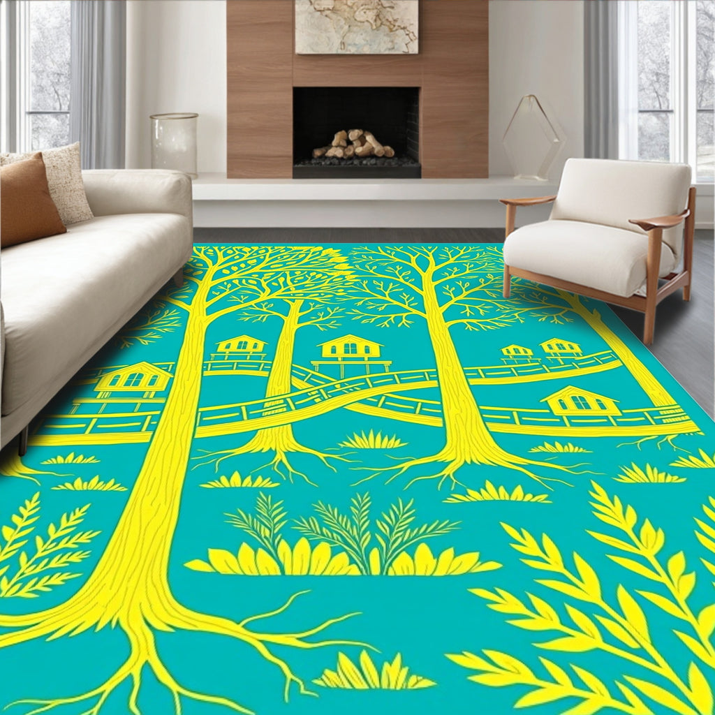 Yellow Treehouses In Tropical Jungle Rug
