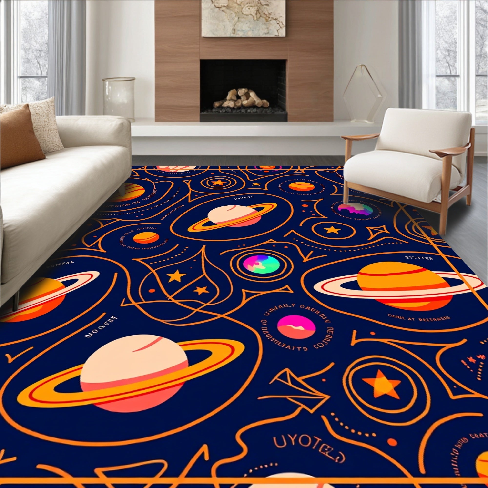 Cosmic Celestial Orange Planets Navy Rug