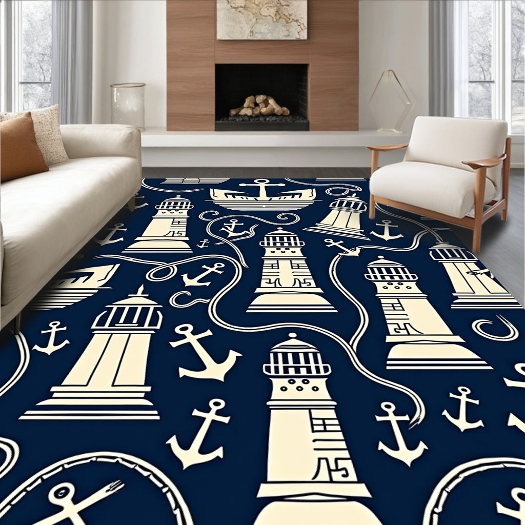 Navy Cream Nautical Lighthouses Anchors Rug