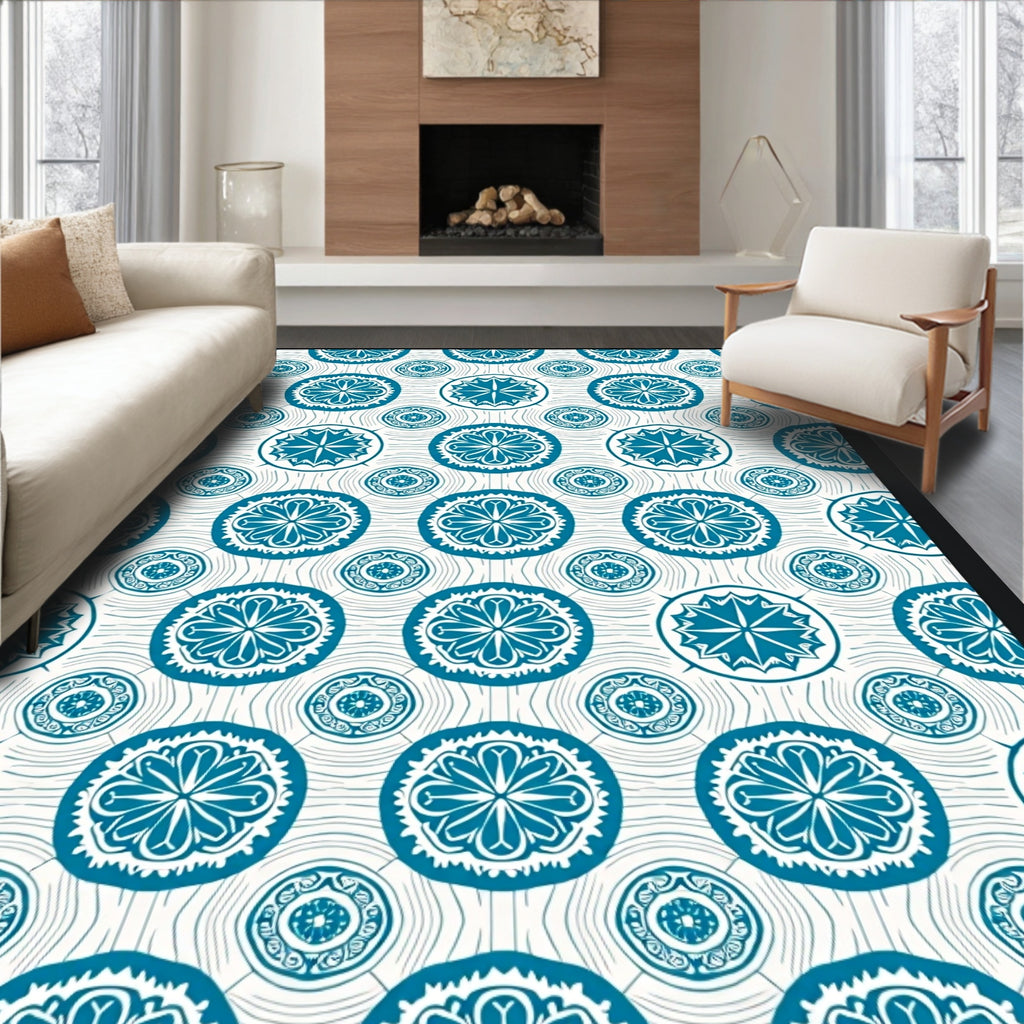 Aqua Blue Floral Medallion Circular Rug