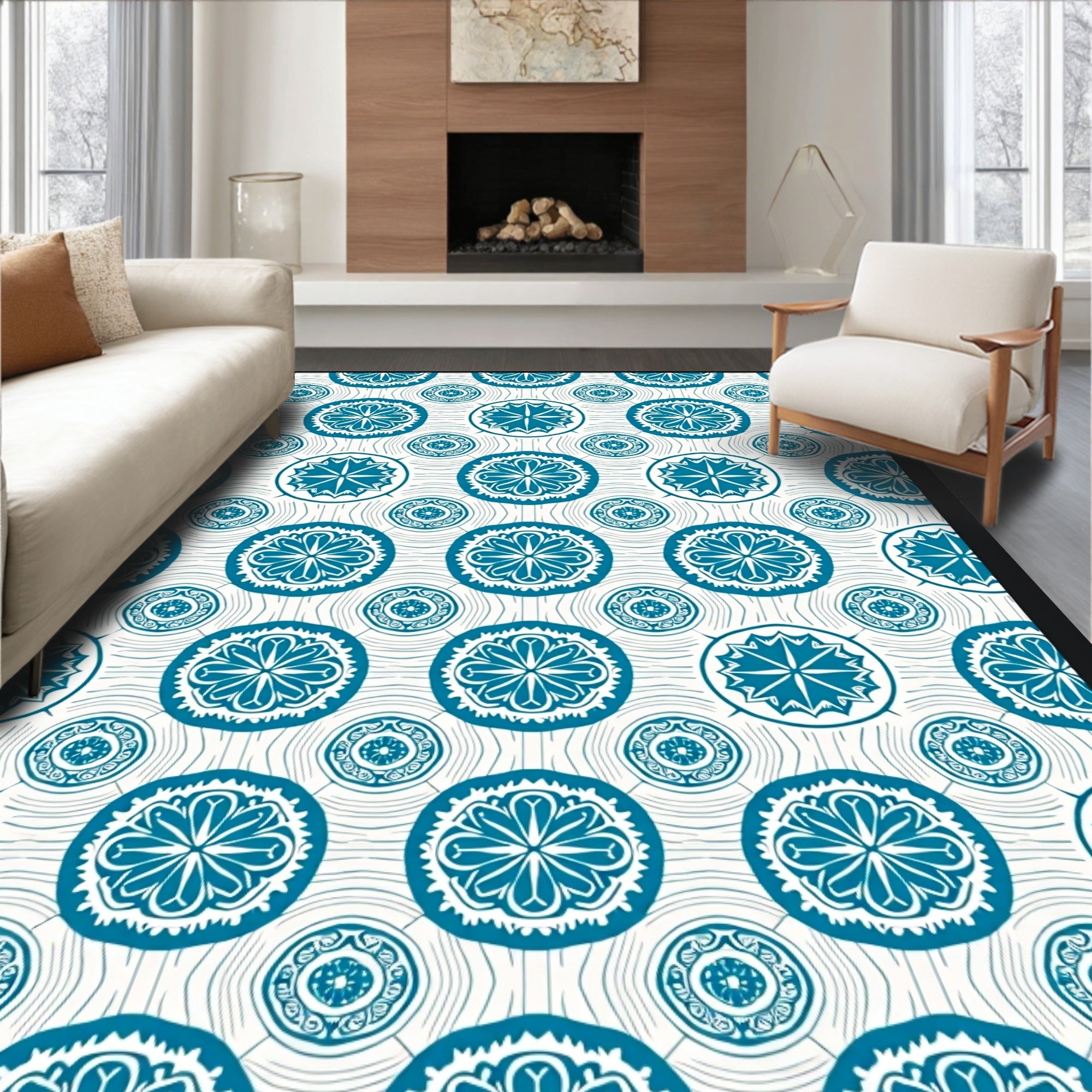 Aqua Blue Floral Medallion Circular Rug