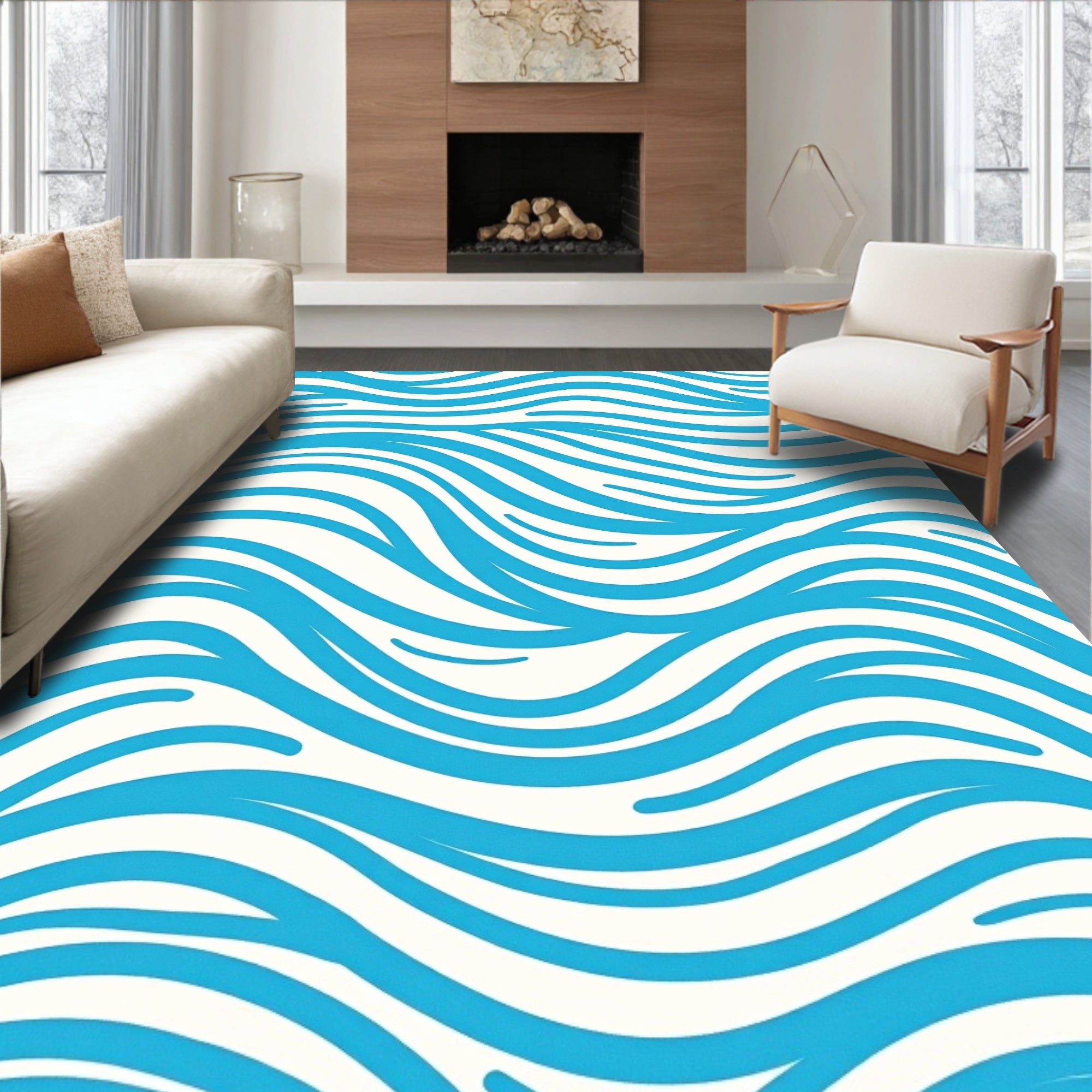 Aqua Blue Wavy Strokes Rug