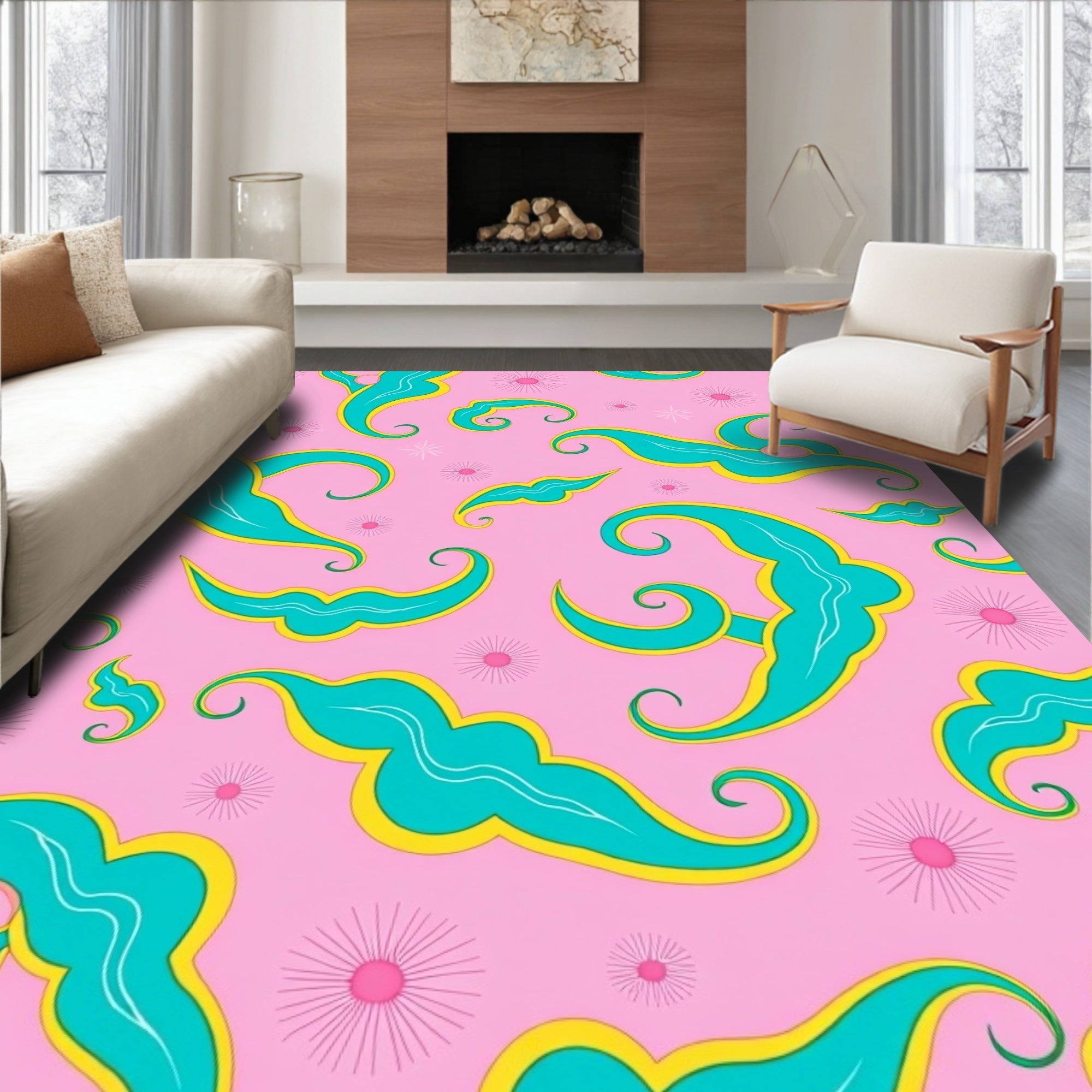 Teal Swirls On Pink Starburst Background Rug