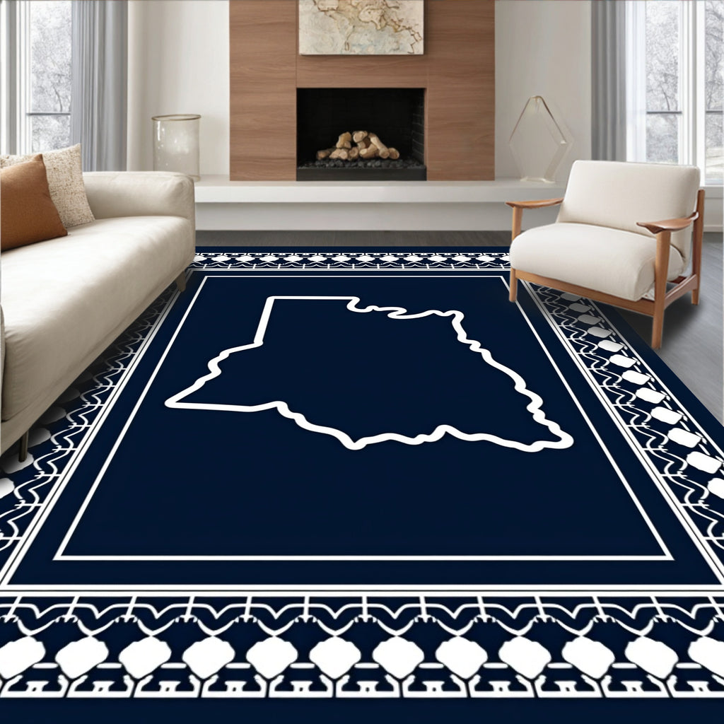 Deep Blue White Ornate Border Shape Rug