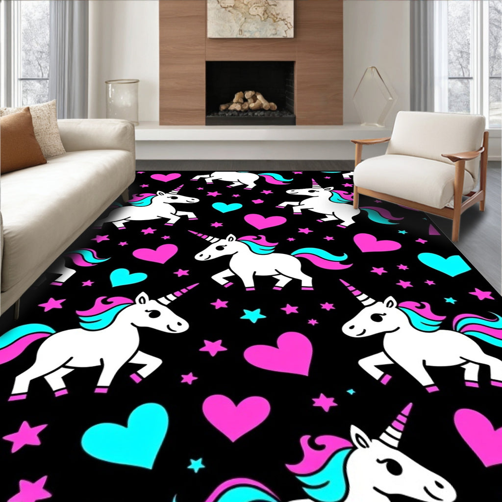 Whimsical Unicorn Hearts Stars Black Rug