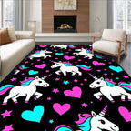 Whimsical Unicorn Hearts Stars Black Rug