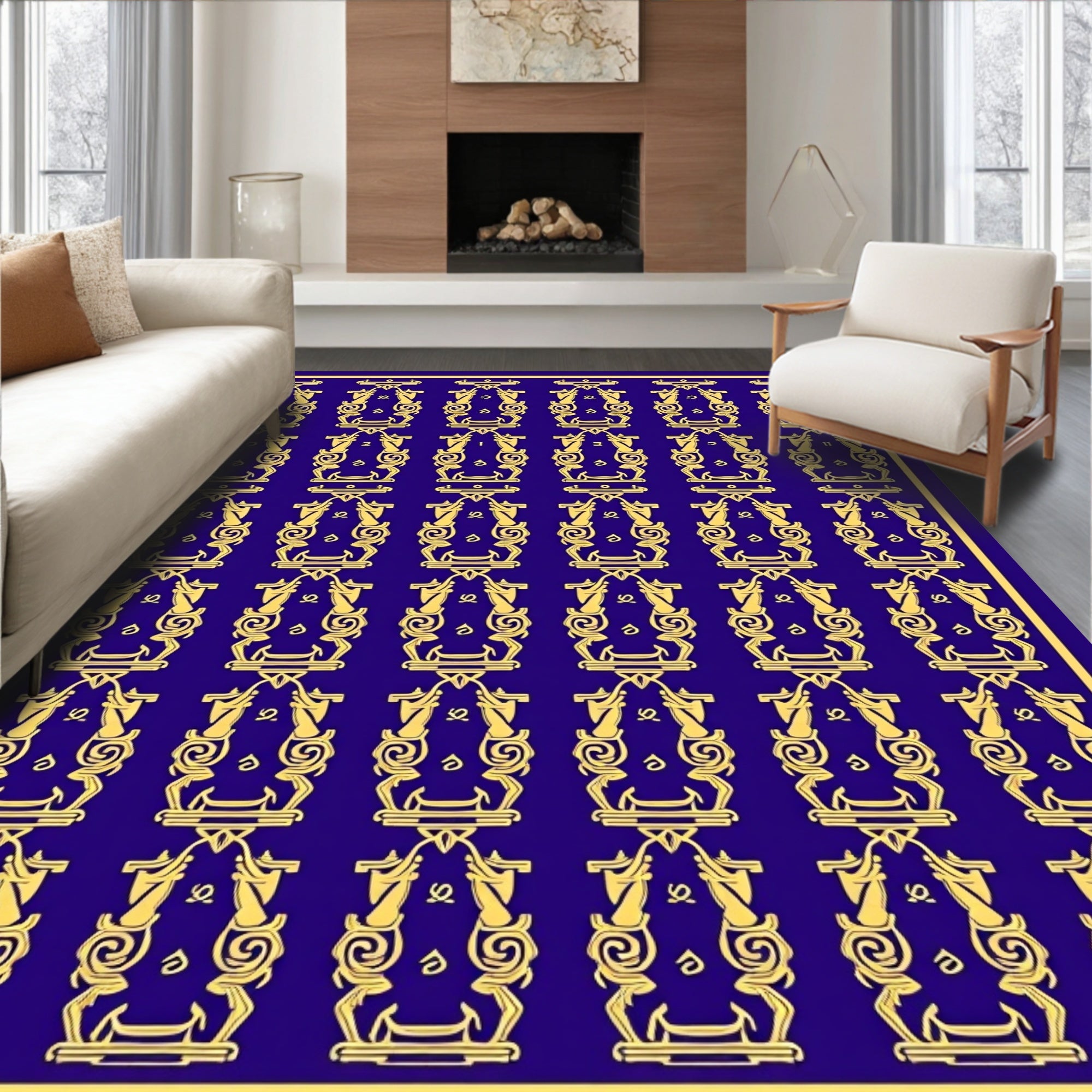 Ornate Gold Blue Damask Medallion Rug