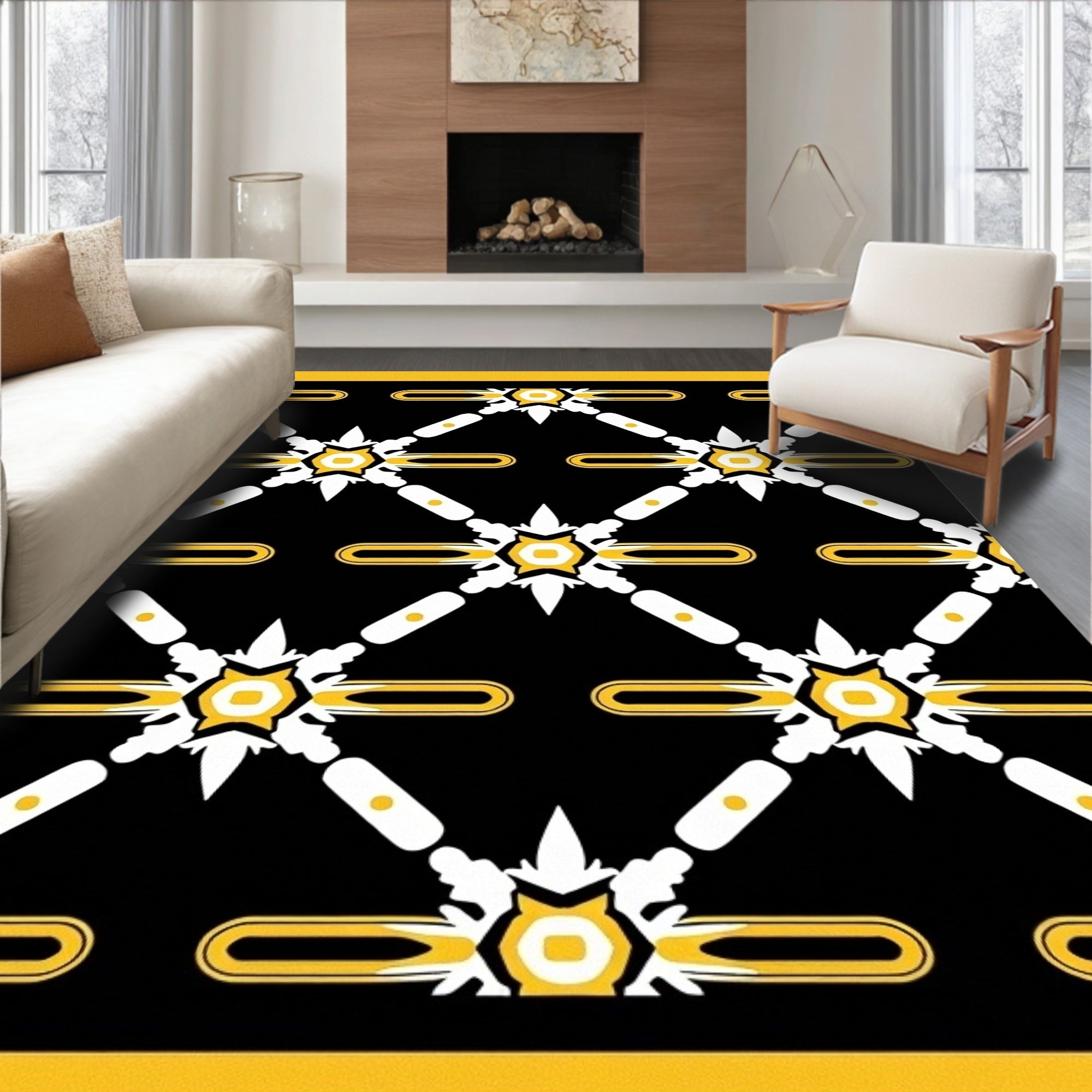 Monochrome Black Yellow Geometric Lattice Rug