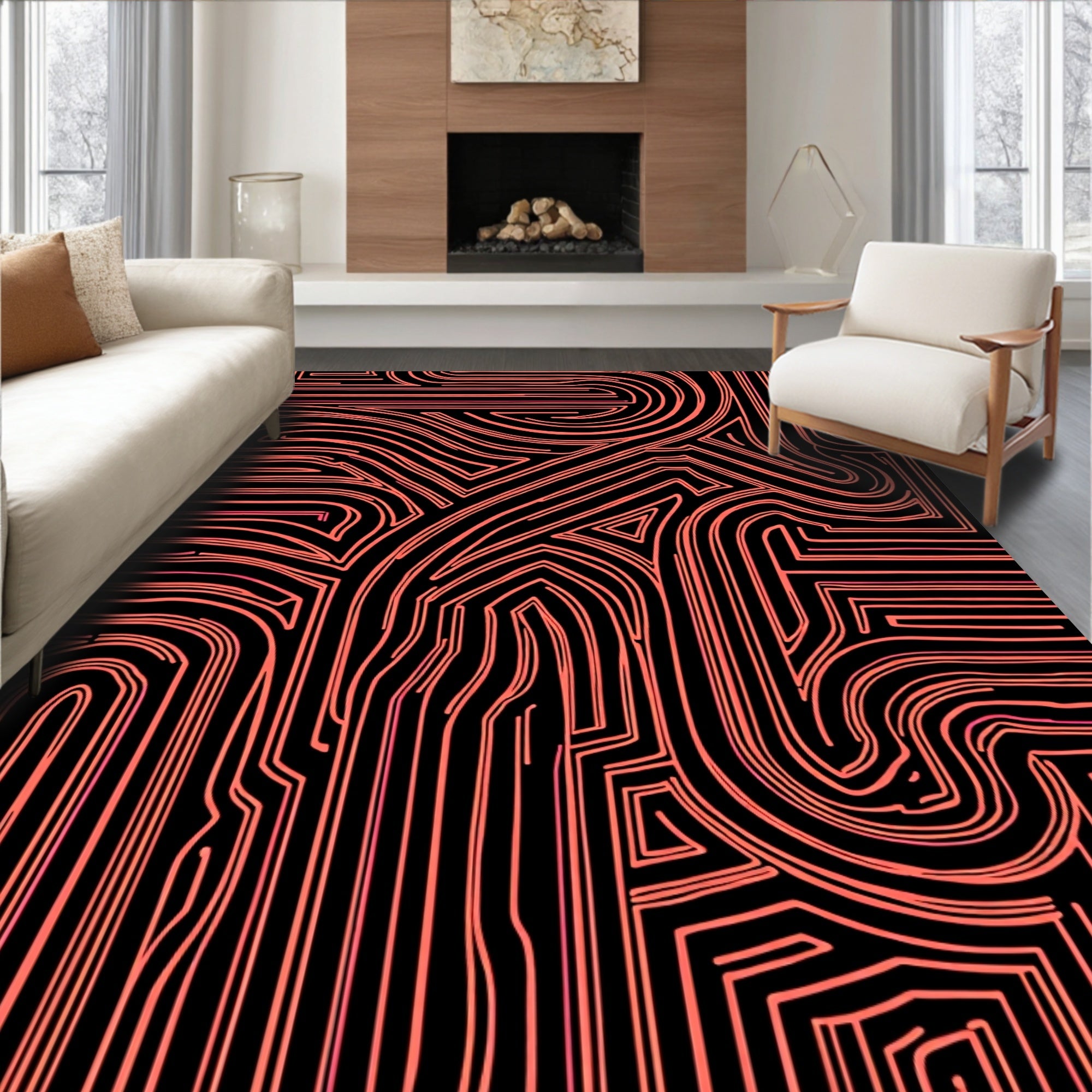 Coral Abstract Labyrinth Lines Rug