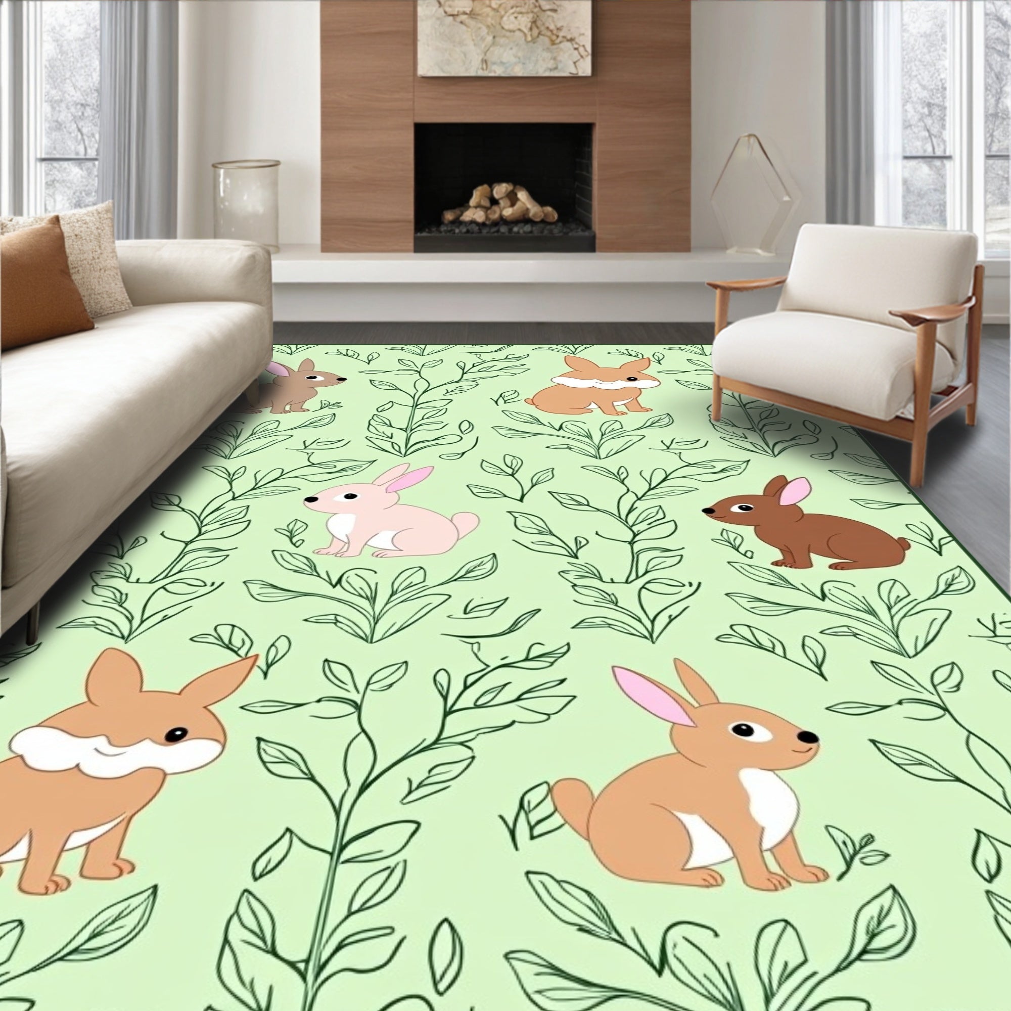 Cute Bunny Garden With Greenery Background Rug