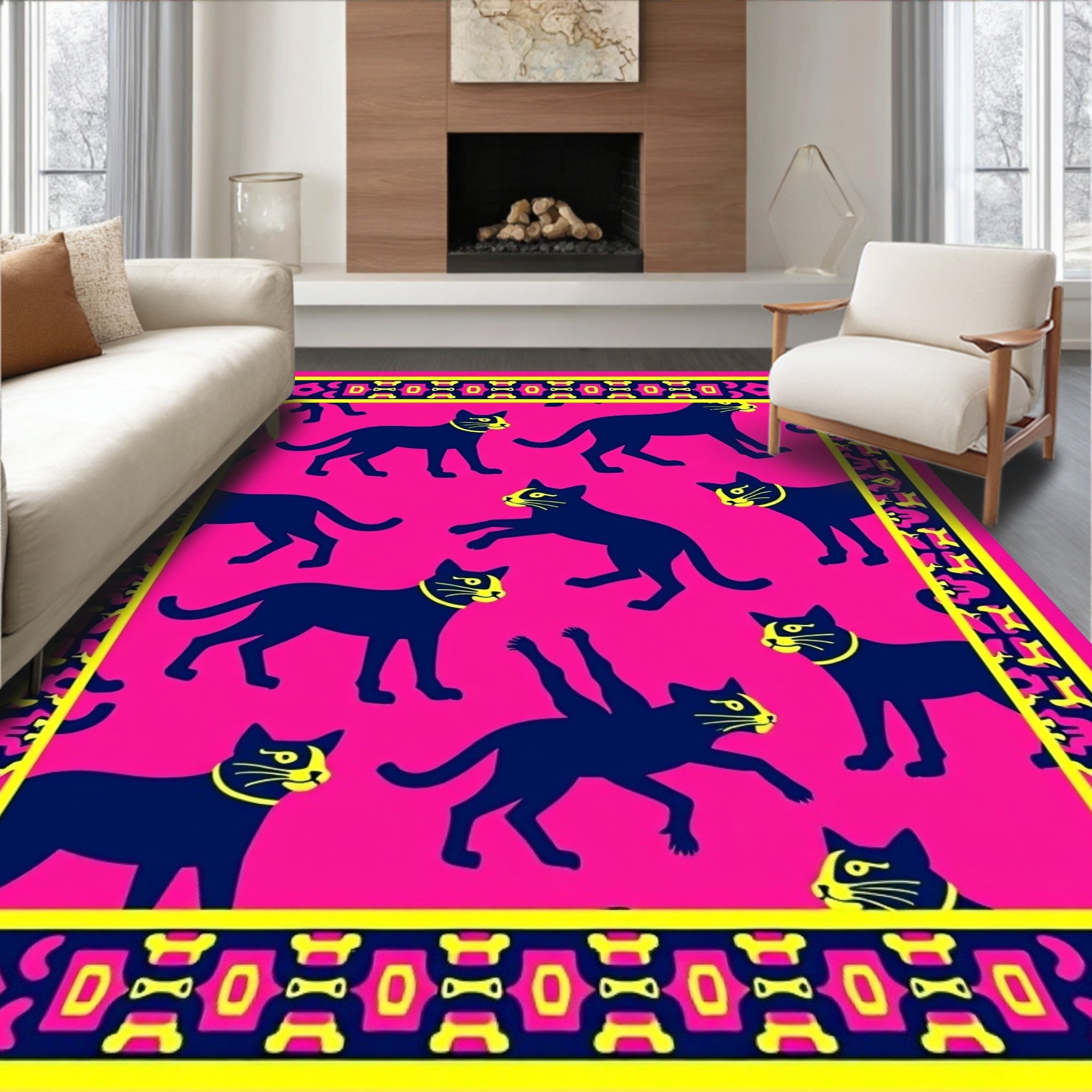 Vibrant Pink Black Cat Medley Rug
