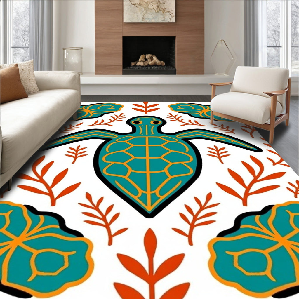 Teal Orange Turtle Botanical Arrangement Rug